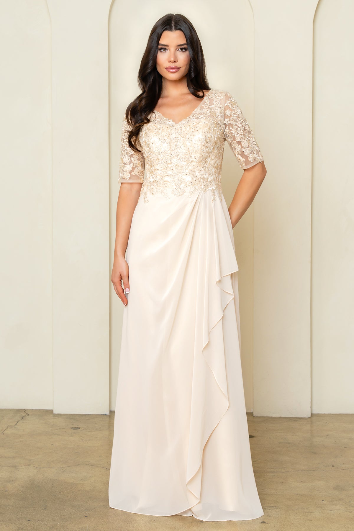 V-Neck Long Chiffon Mother of the Bride Dress by Eva Fashion 5322 in Champagne