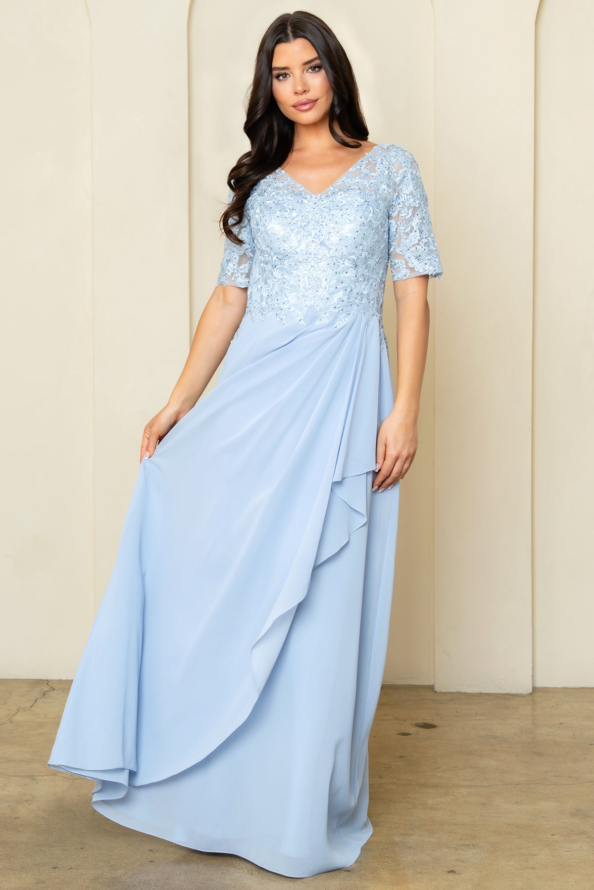 V-Neck Long Chiffon Mother of the Bride Dress by Eva Fashion 5322 in Dusty Blue