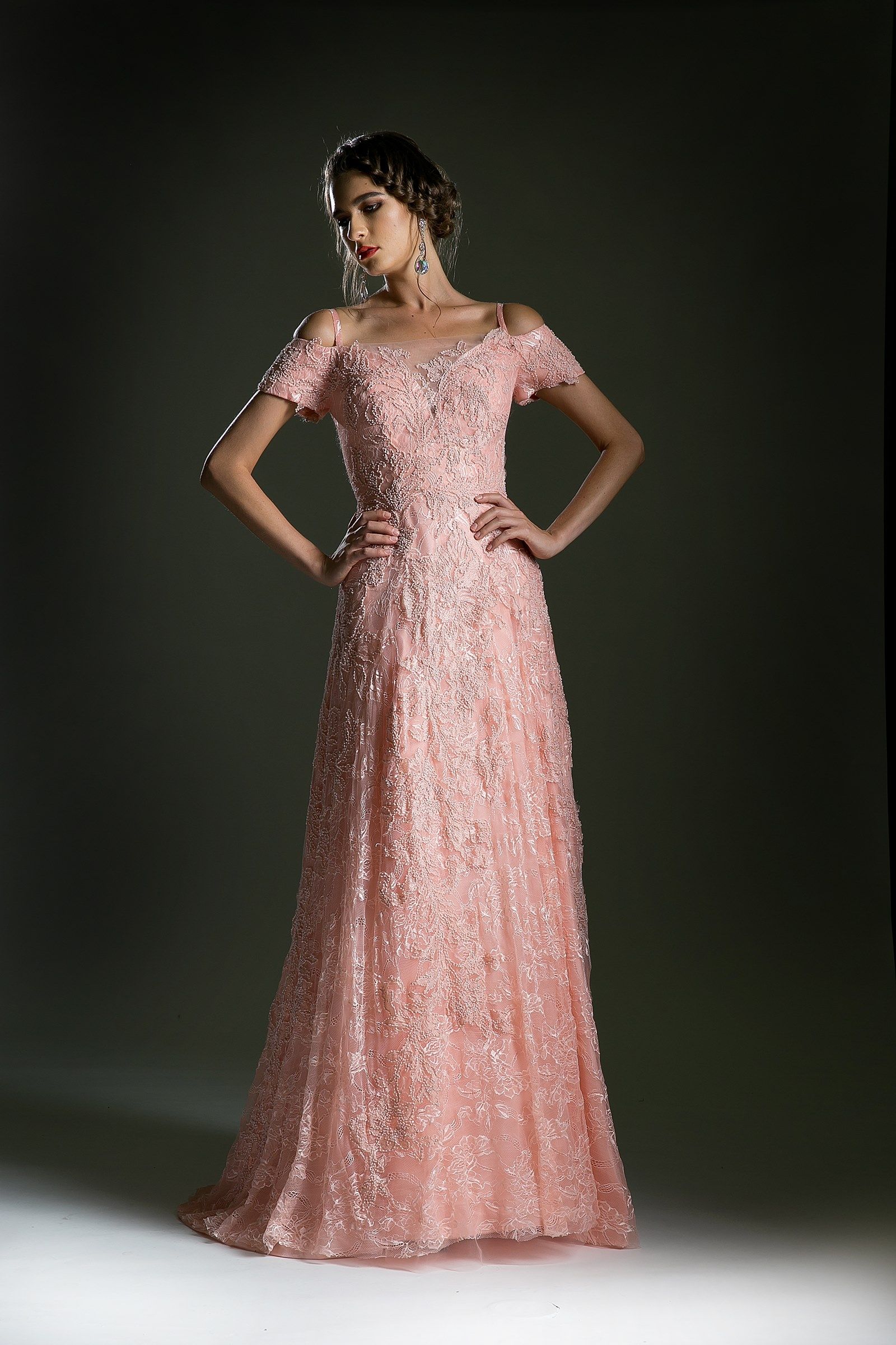 Formal Dresses Long Formal Floral Lace Applique Prom Evening Dress Peach