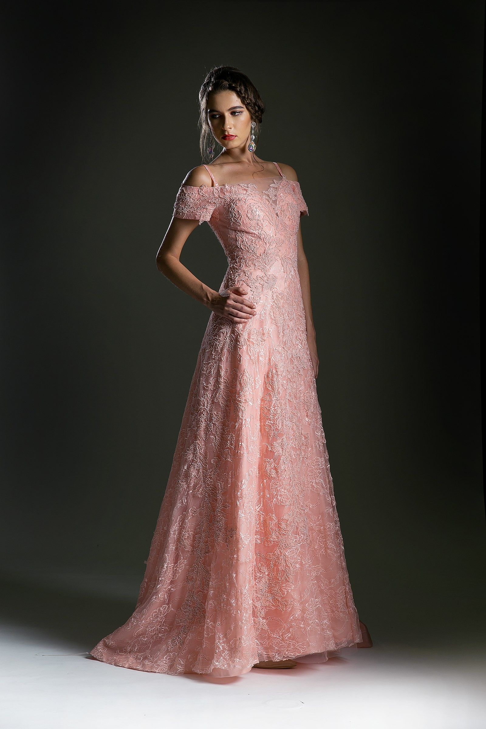 Formal Dresses Long Formal Floral Lace Applique Prom Evening Dress Peach