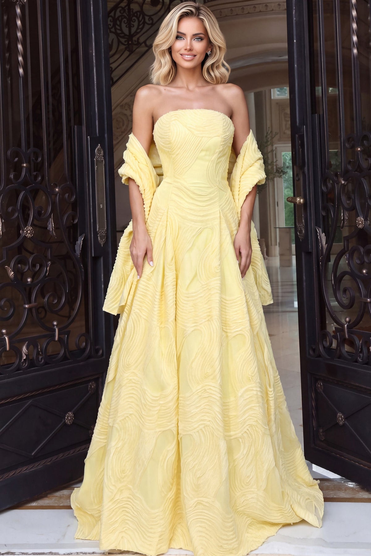 Strapless Curved Neck Floor-Length Satin Occasion Ball Gown Jovani 53366