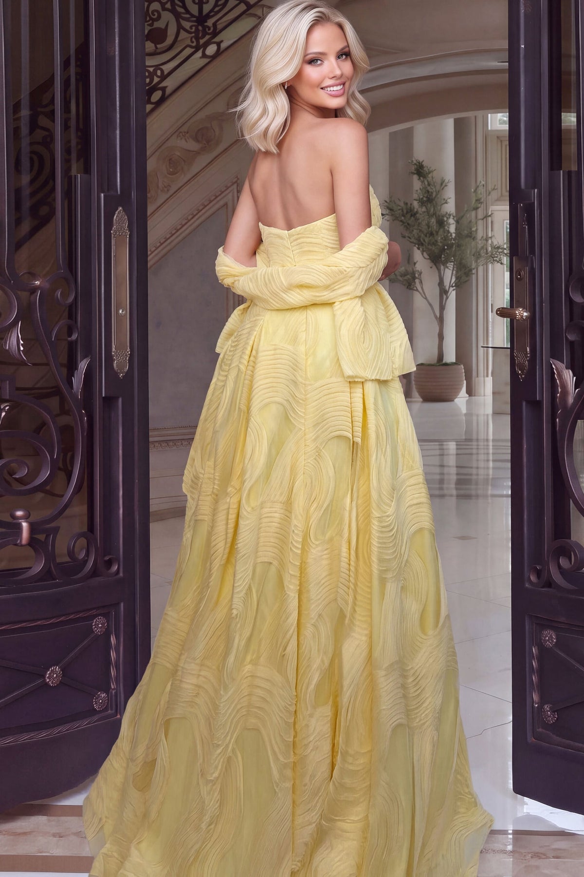 Strapless Curved Neck Floor-Length Satin Occasion Ball Gown Jovani 53366