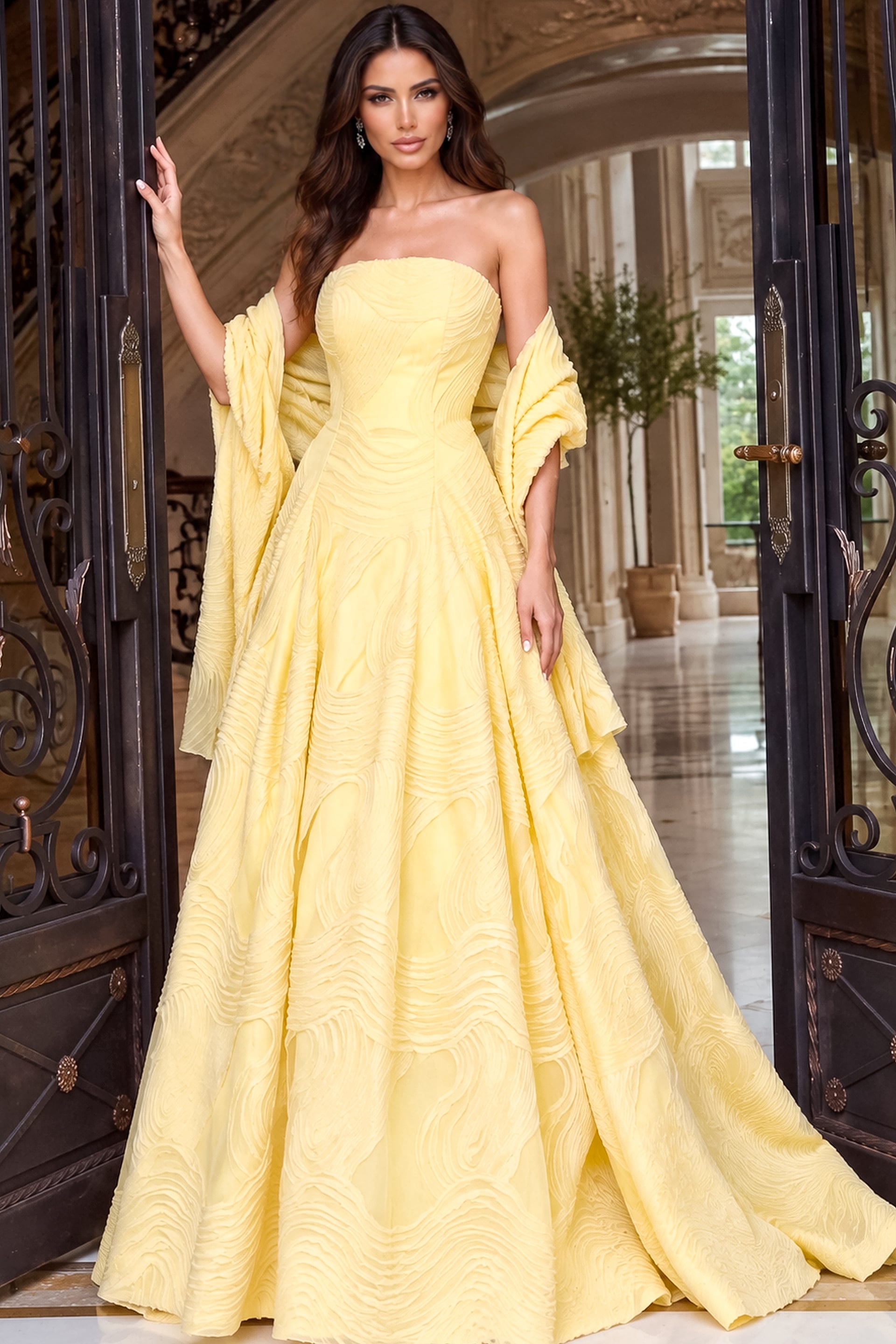 Strapless Curved Neck Floor-Length Satin Occasion Ball Gown Jovani 53366