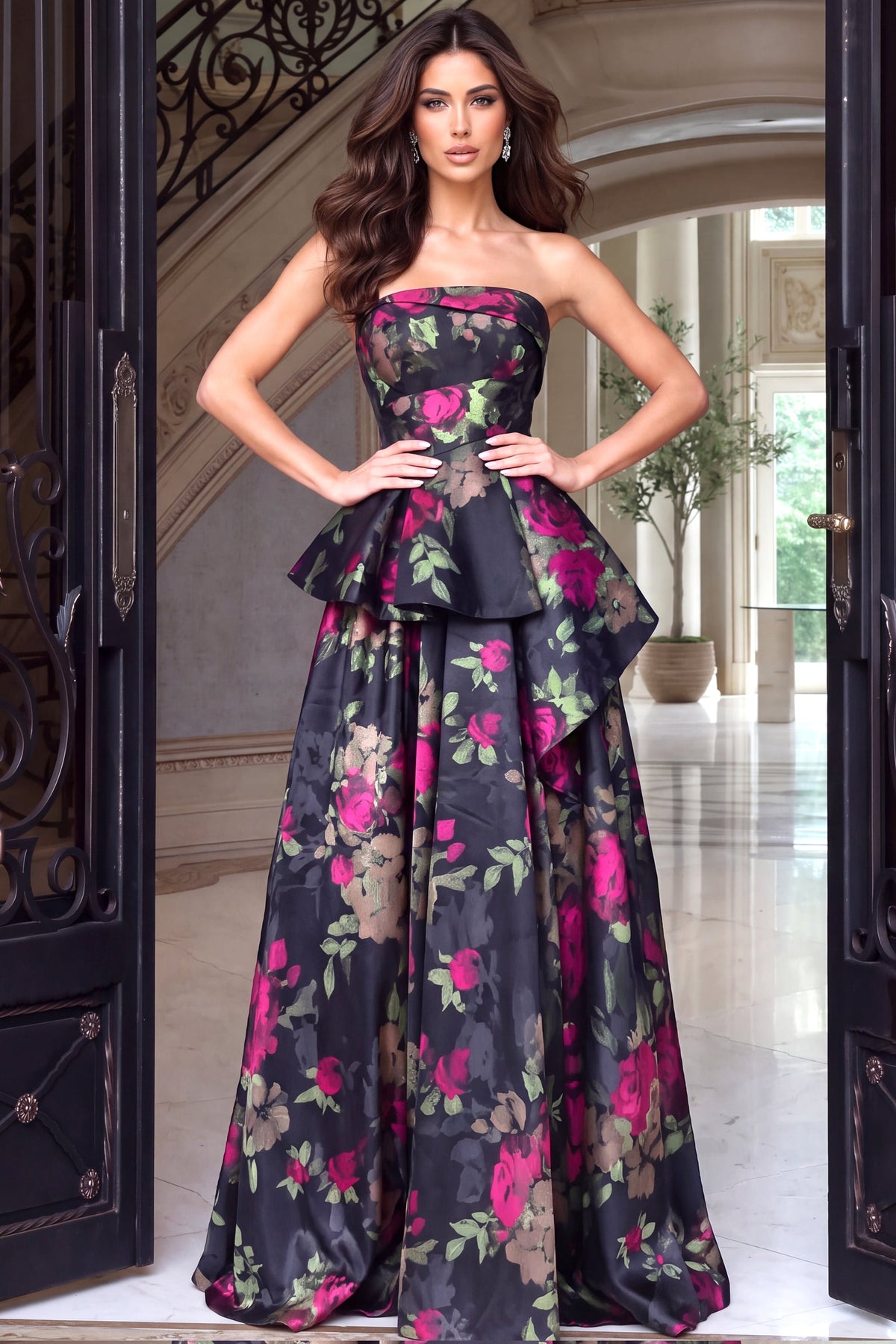 Strapless Curved Neck Floor-Length Satin Prom Ball Gown Jovani 53371