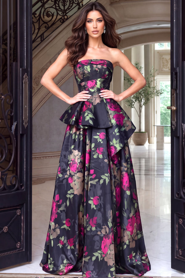 Strapless Curved Neck Floor-Length Satin Prom Ball Gown Jovani 53371