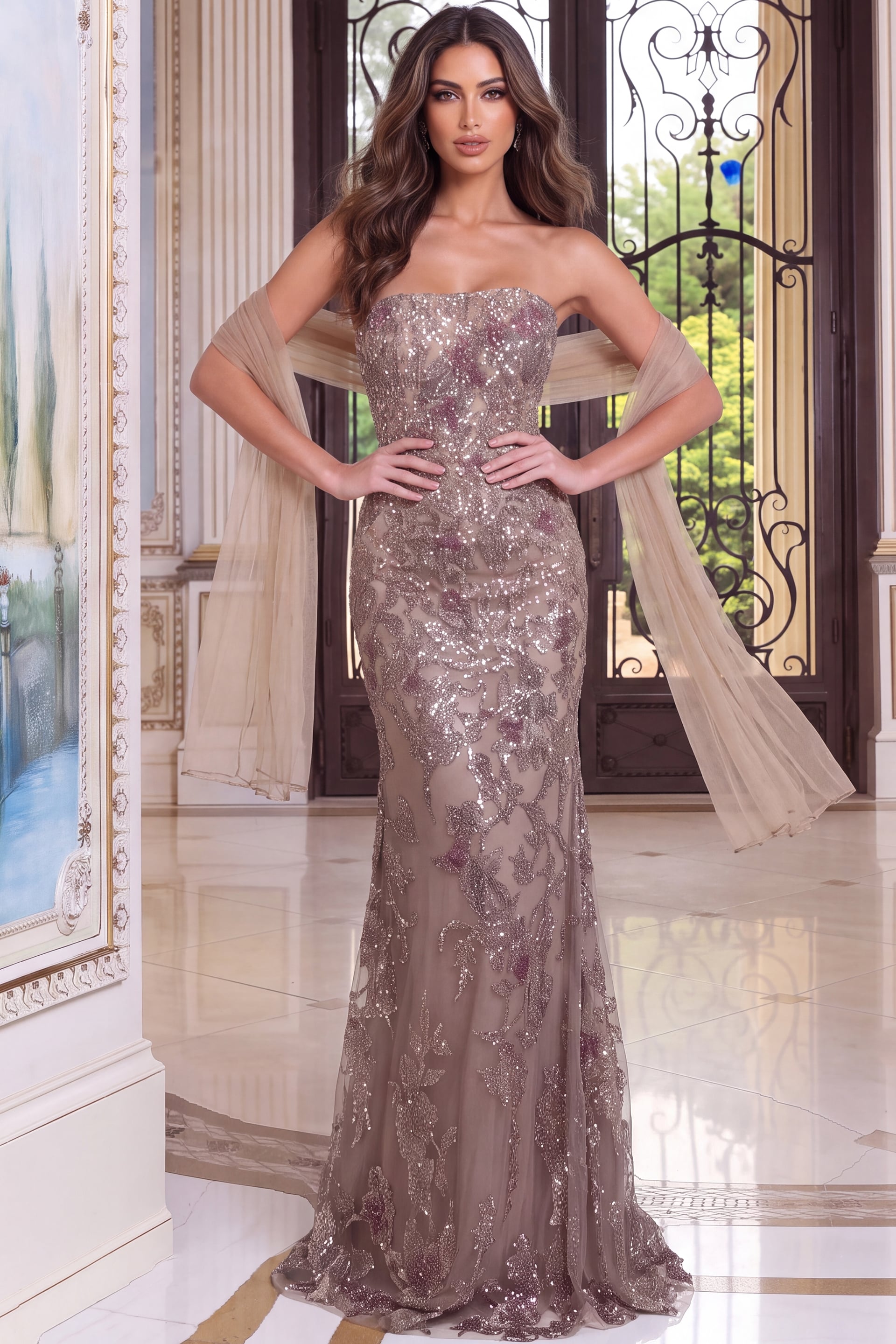 Strapless Curved Neck Floor-Length Sequin Formal Mermaid Jovani 53381