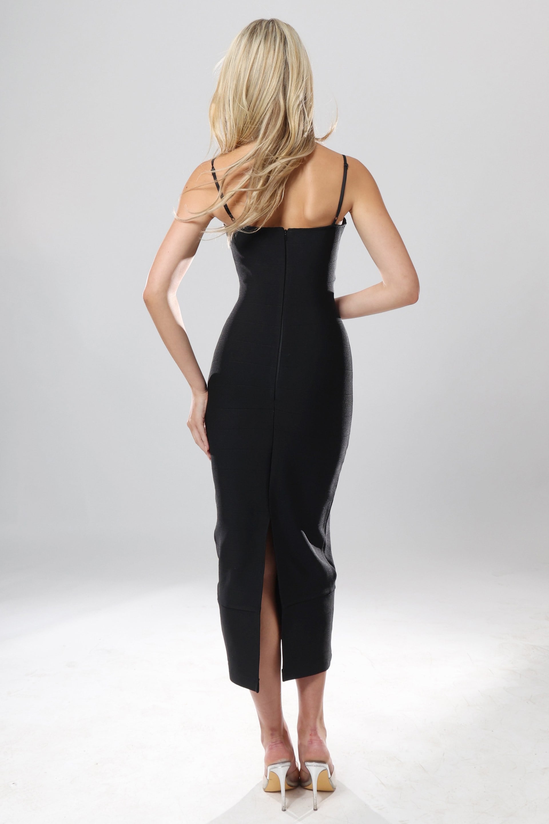 Black Square-Neck Midi Scuba Cocktail Crystal Horseshoe Cutout Dress Jovani 53436