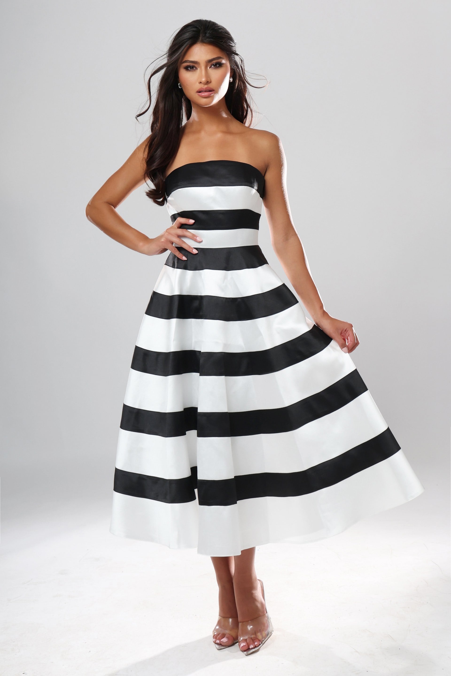 Black/White Strapless Midi Striped Satin A-Line Cocktail Dress Jovani 53462