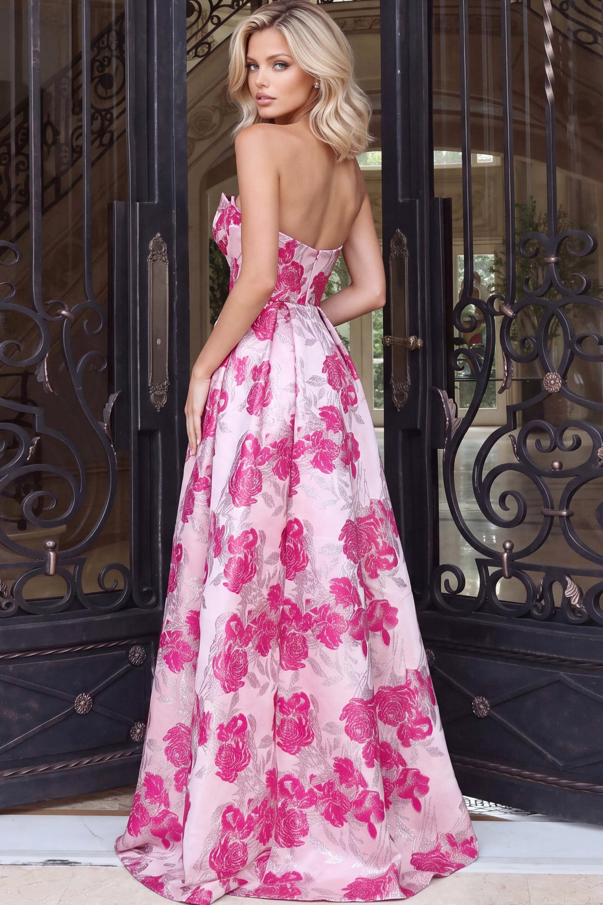 Strapless Curved Neck Floor-Length Satin Occasion Ball Gown Jovani 53509