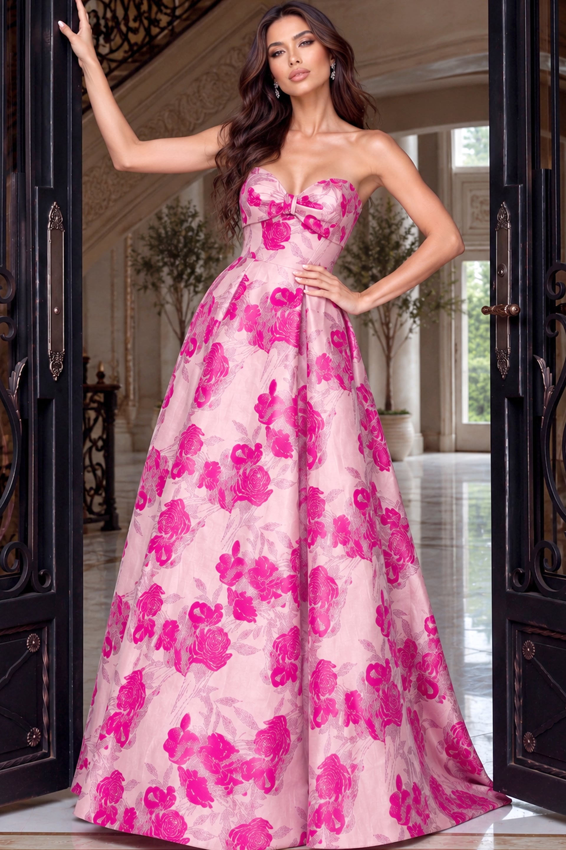 Strapless Curved Neck Floor-Length Satin Occasion Ball Gown Jovani 53509