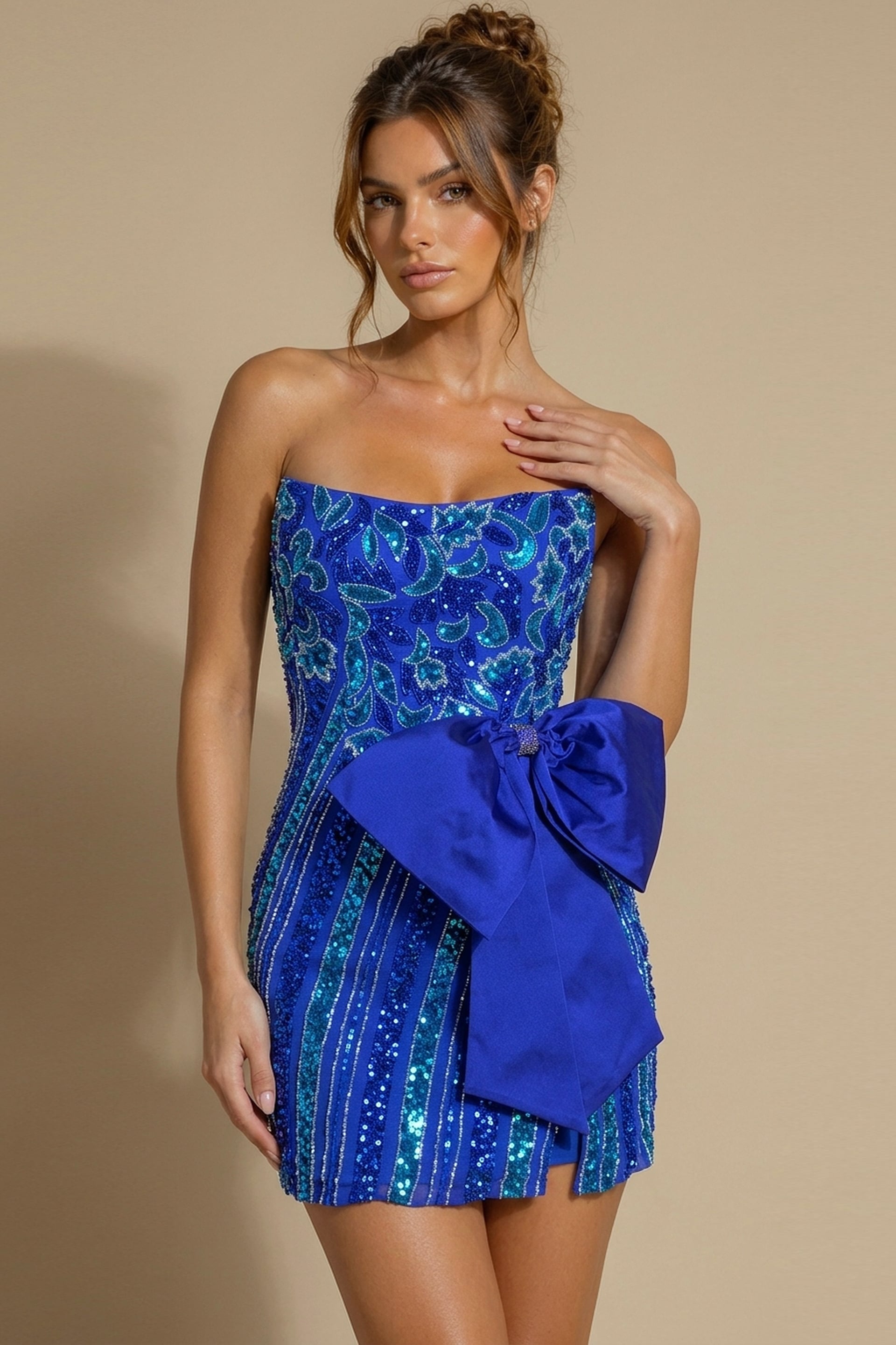 Royal/Blue Multi Strapless Mini Sequin Cocktail Dress Side Bow Bodycon Dress Jovani 53737
