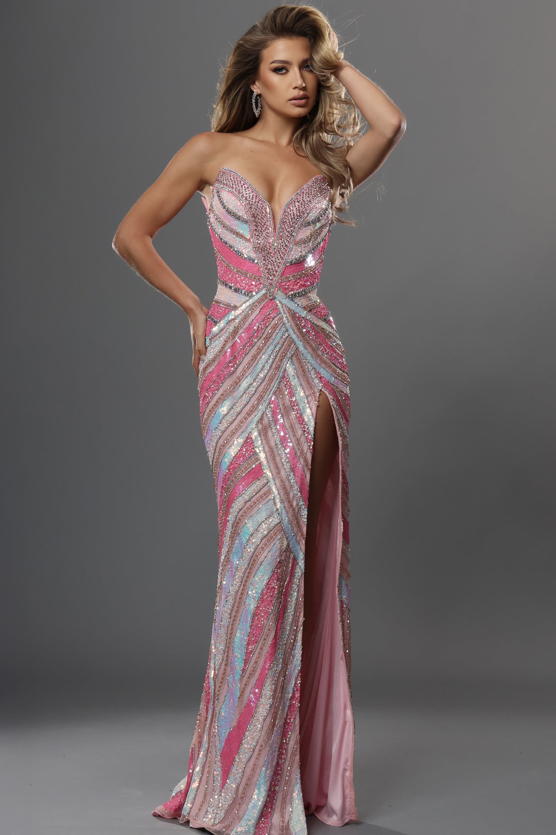 Strapless Curved Neck Floor-Length Sequin Prom Sheath Jovani 53775
