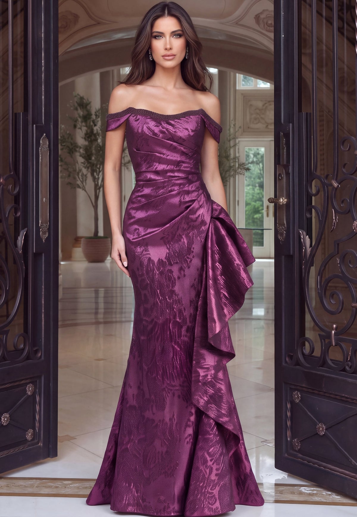 Off-the-Shoulder Floor-Length Satin Formal Mermaid Jovani 53942