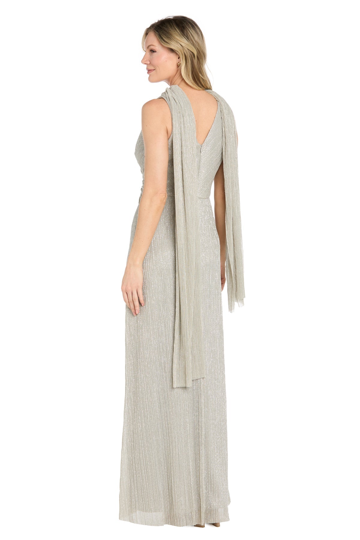 Champagne R&M Richards 5403 V-Neck Floor-Length Metallic Formal Twist Front Gown
