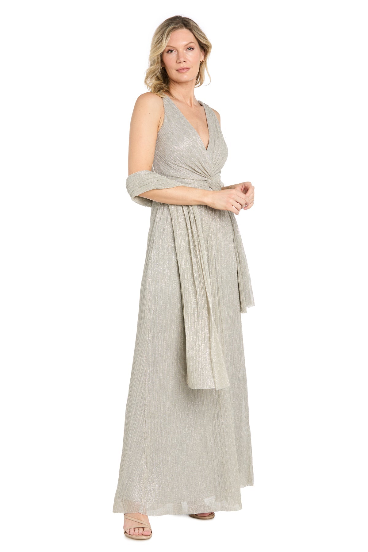 Champagne R&M Richards 5403 V-Neck Floor-Length Metallic Formal Twist Front Gown
