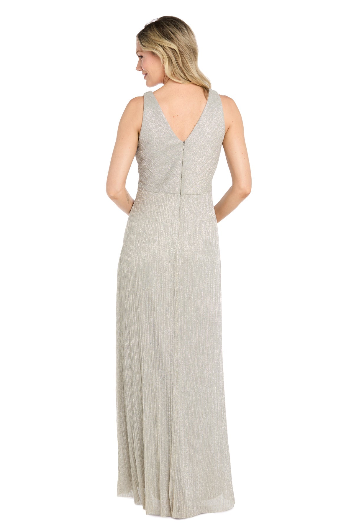 Champagne R&M Richards 5403 V-Neck Floor-Length Metallic Formal Twist Front Gown