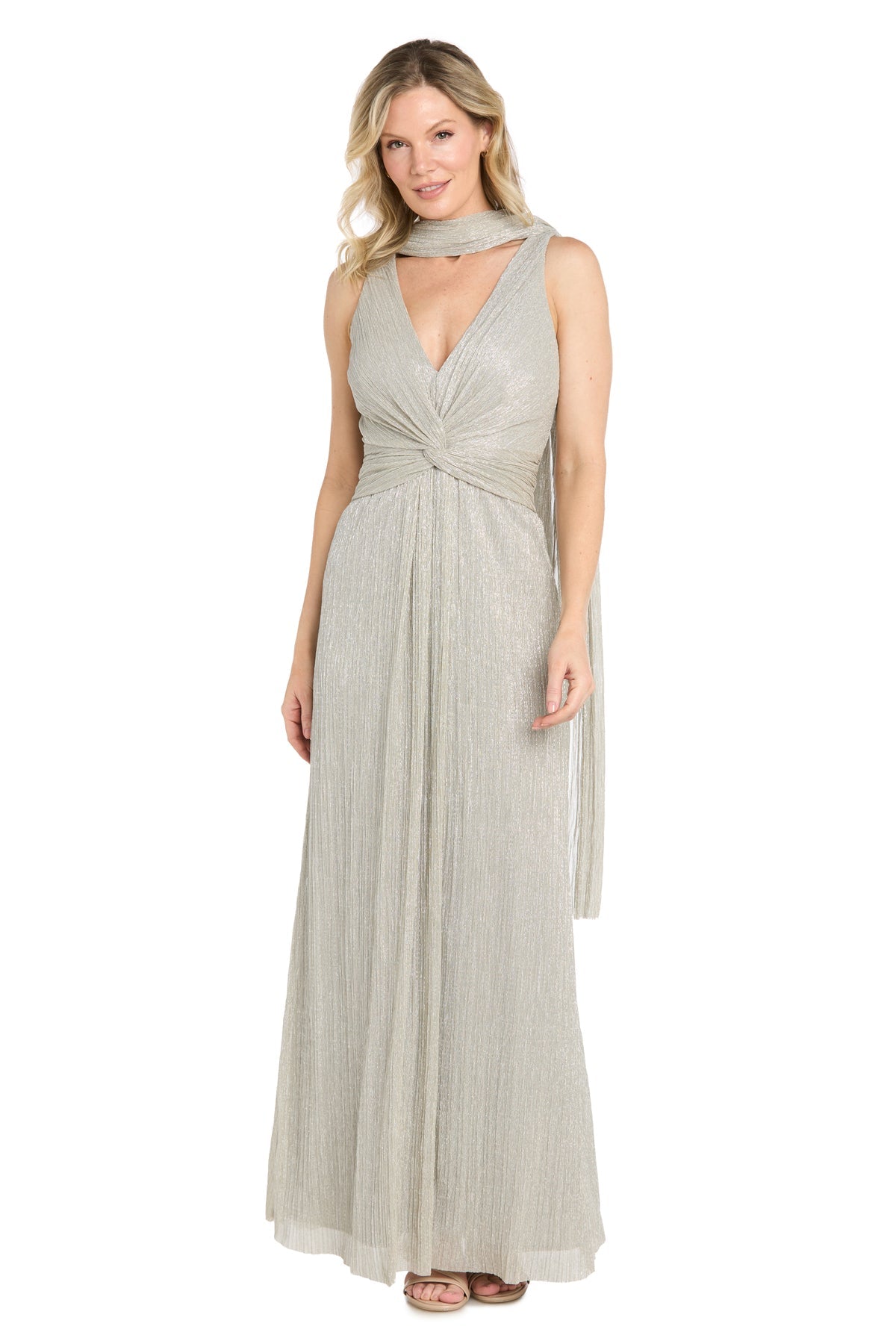 Champagne R&M Richards 5403 V-Neck Floor-Length Metallic Formal Twist Front Gown