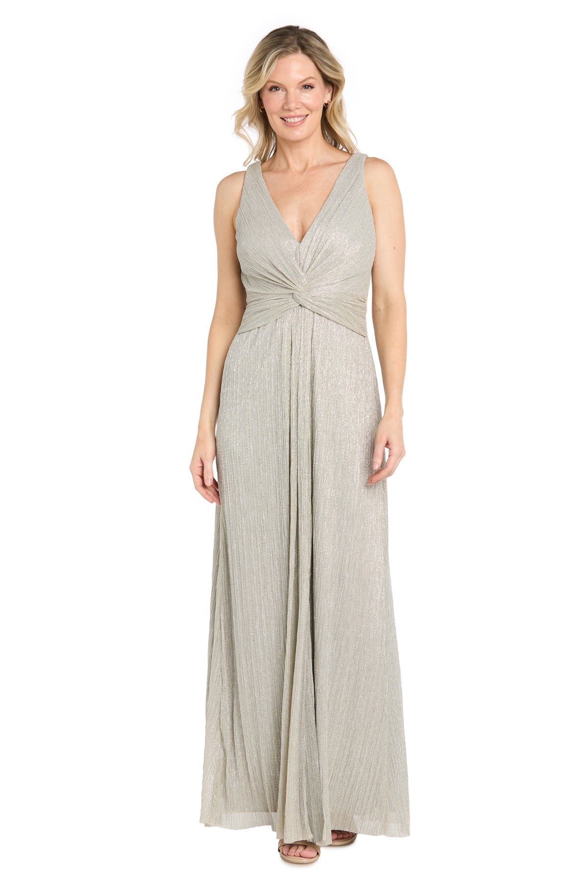Champagne R&M Richards 5403 V-Neck Floor-Length Metallic Formal Twist Front Gown