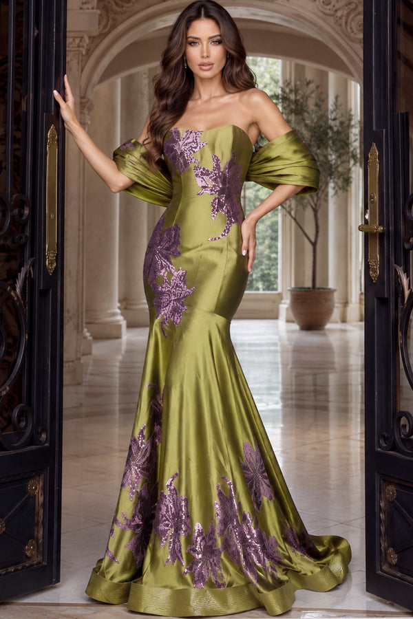 Off-the-Shoulder Floor-Length Satin Formal Mermaid Jovani 54041