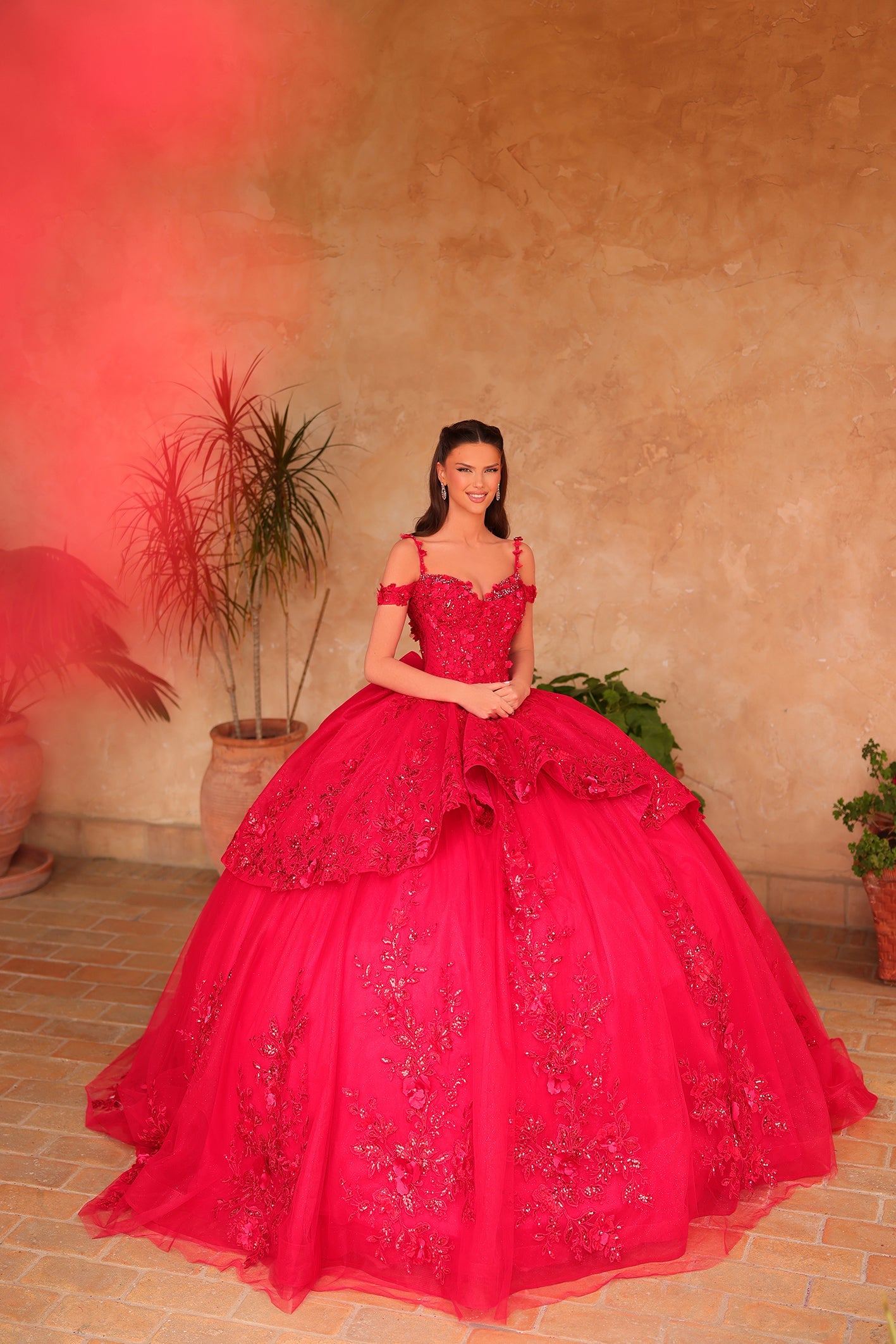 Red Cold Shoulder Floor-Length Tulle Quinceañera Ball Gown with Lace Appliqué Corset Bodice Amarra 54101