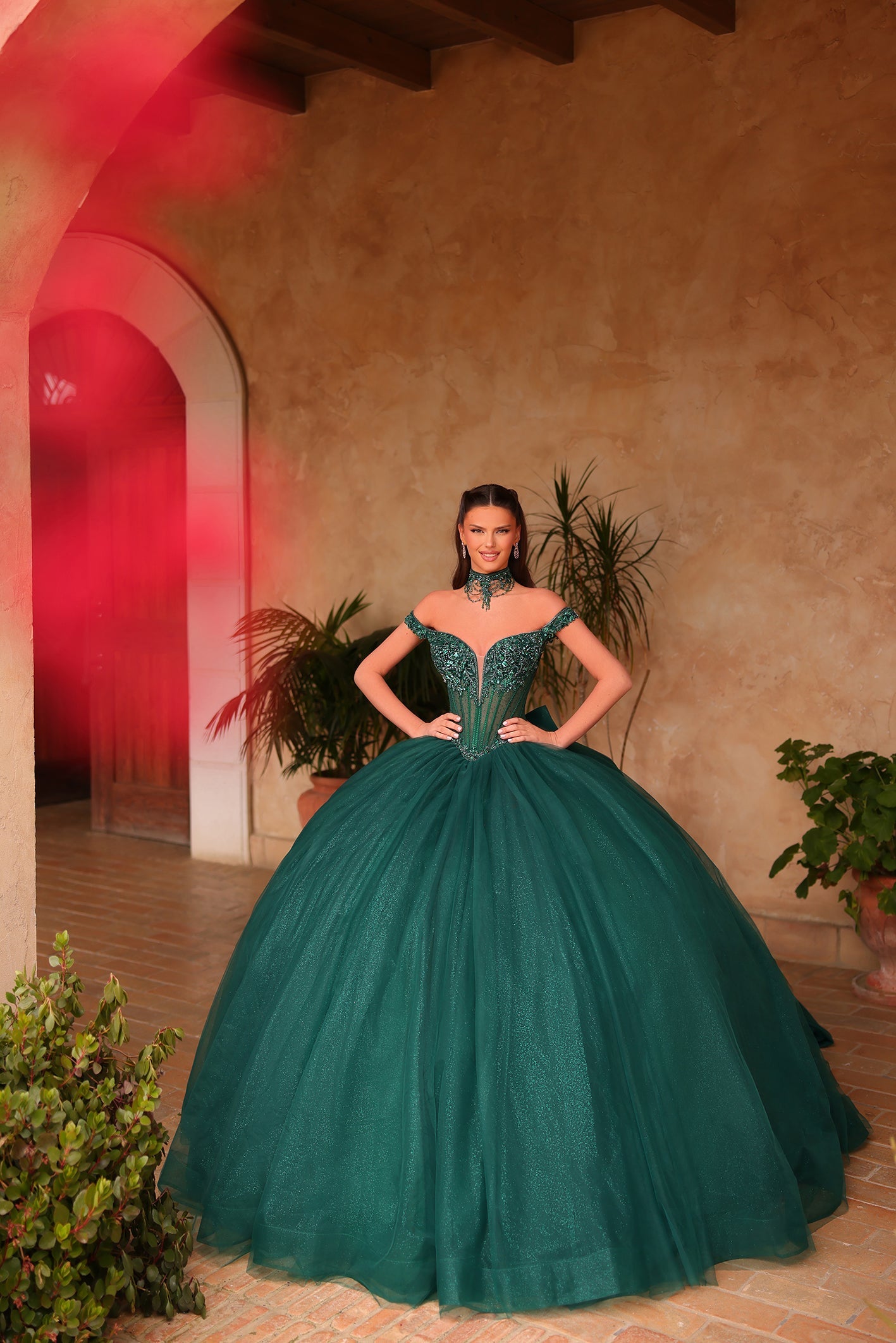 Emerald Off the Shoulder Floor-Length Tulle Quinceañera Ball Gown with Beaded Corset Bodice Amarra 54103