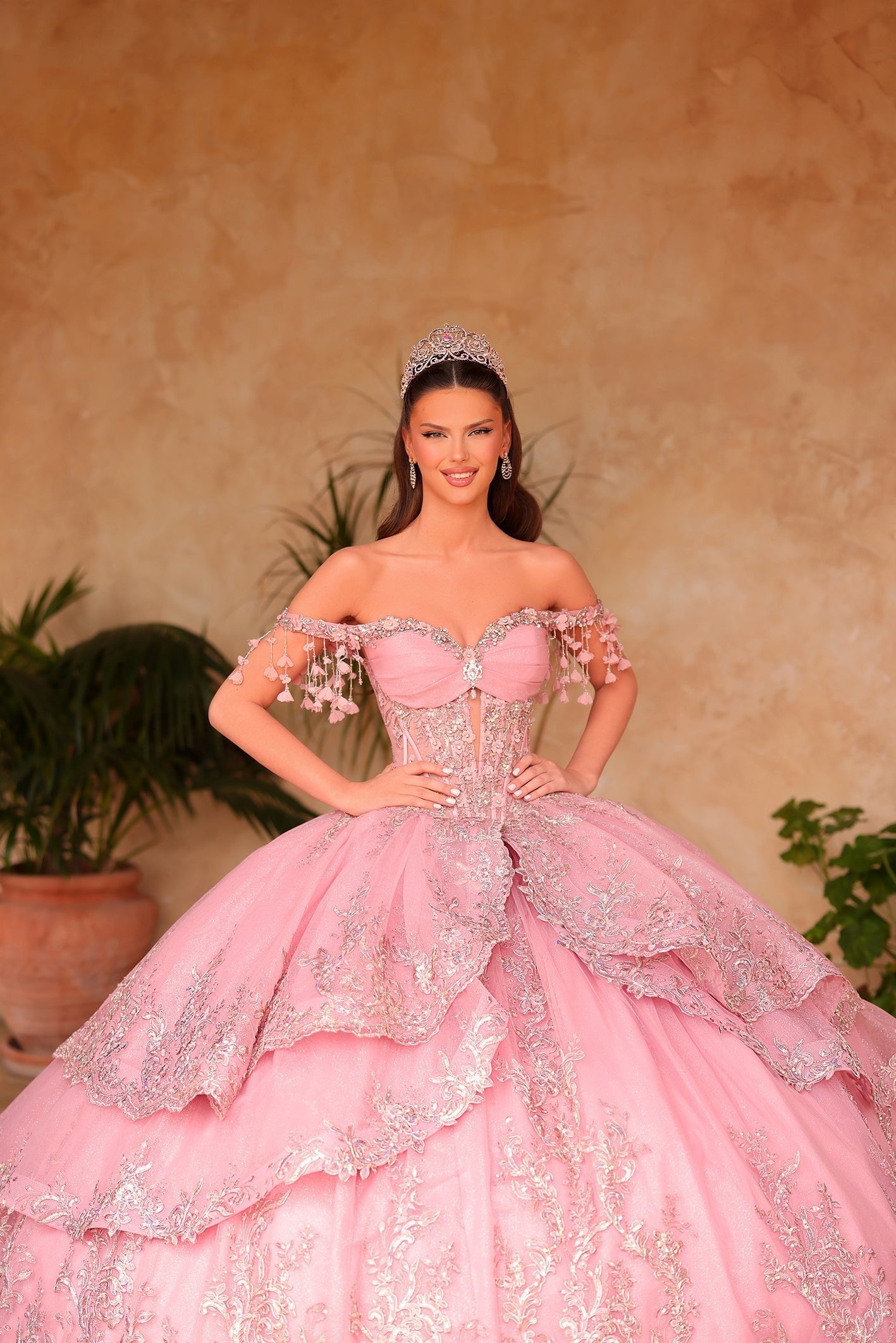 Dusty Rose Sweetheart Floor-Length Tulle Quinceañera Ball Gown with Tiered Lace Appliqué Amarra 54105
