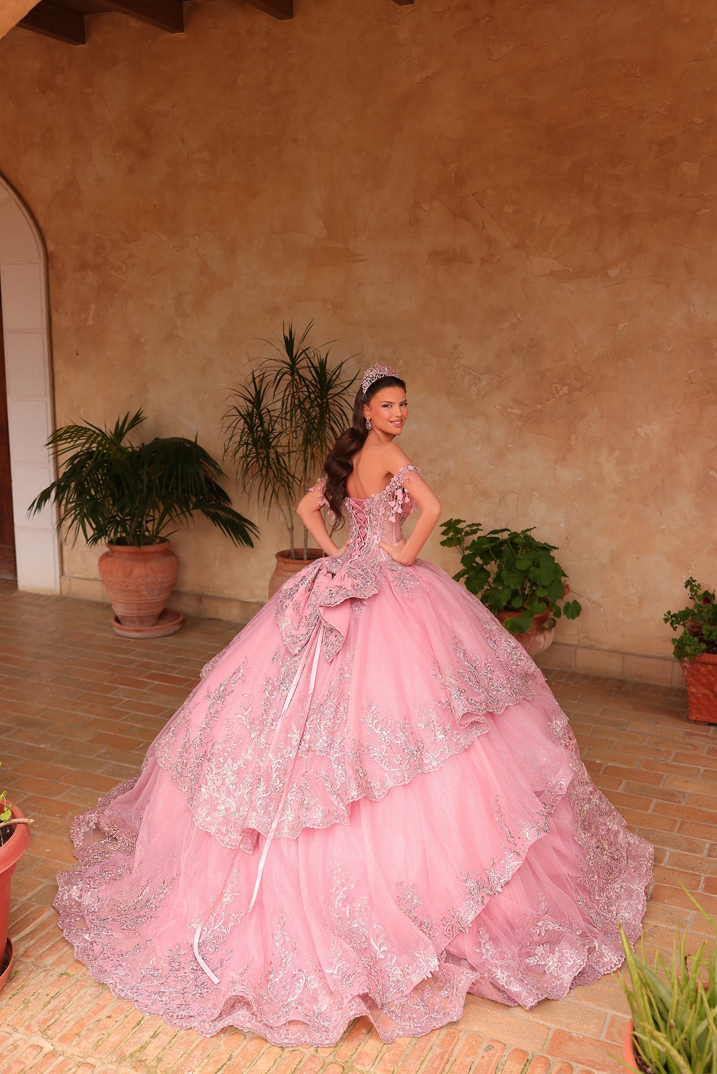 Dusty Rose Sweetheart Floor-Length Tulle Quinceañera Ball Gown with Tiered Lace Appliqué Amarra 54105