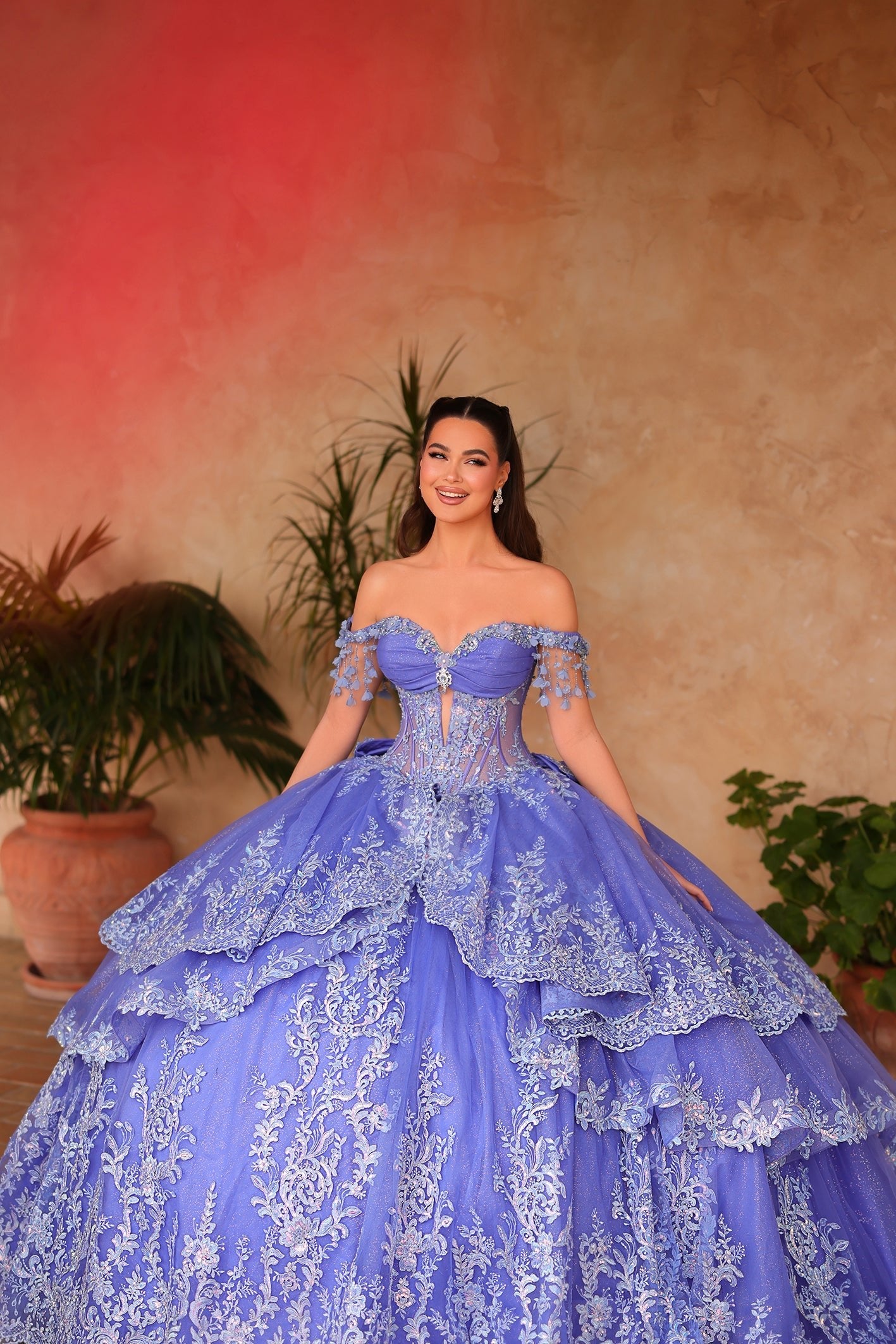 Periwinkle/Light Blue Sweetheart Floor-Length Tulle Quinceañera Ball Gown with Tiered Lace Appliqué Amarra 54105