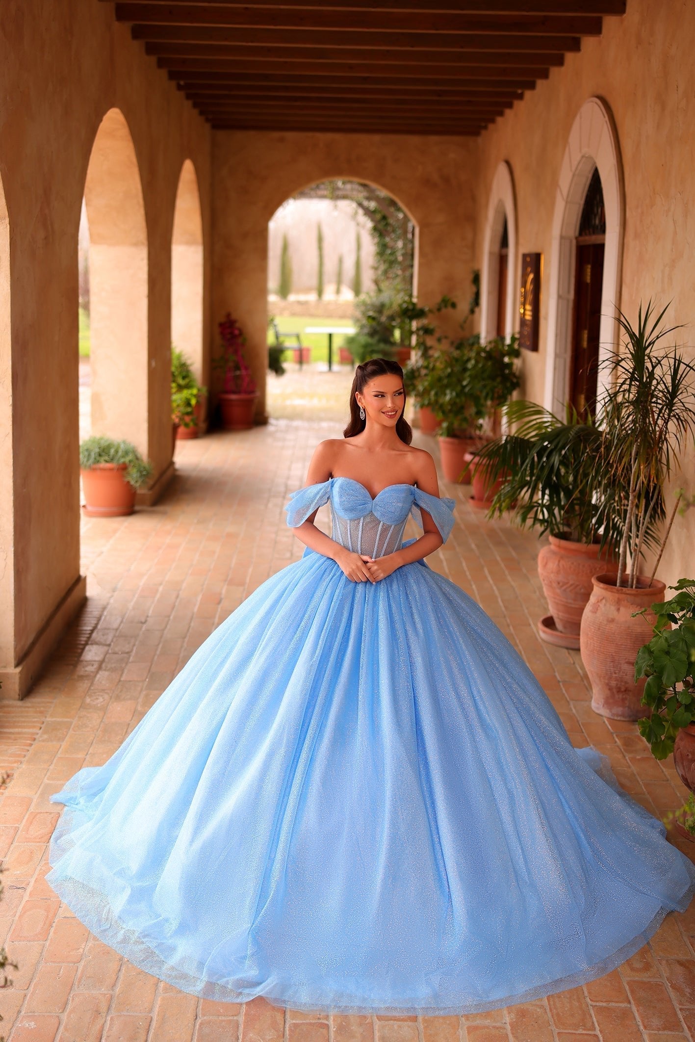 Light Blue Off the Shoulder Floor-Length Tulle Quinceañera Ball Gown with Corset Back Amarra 54107