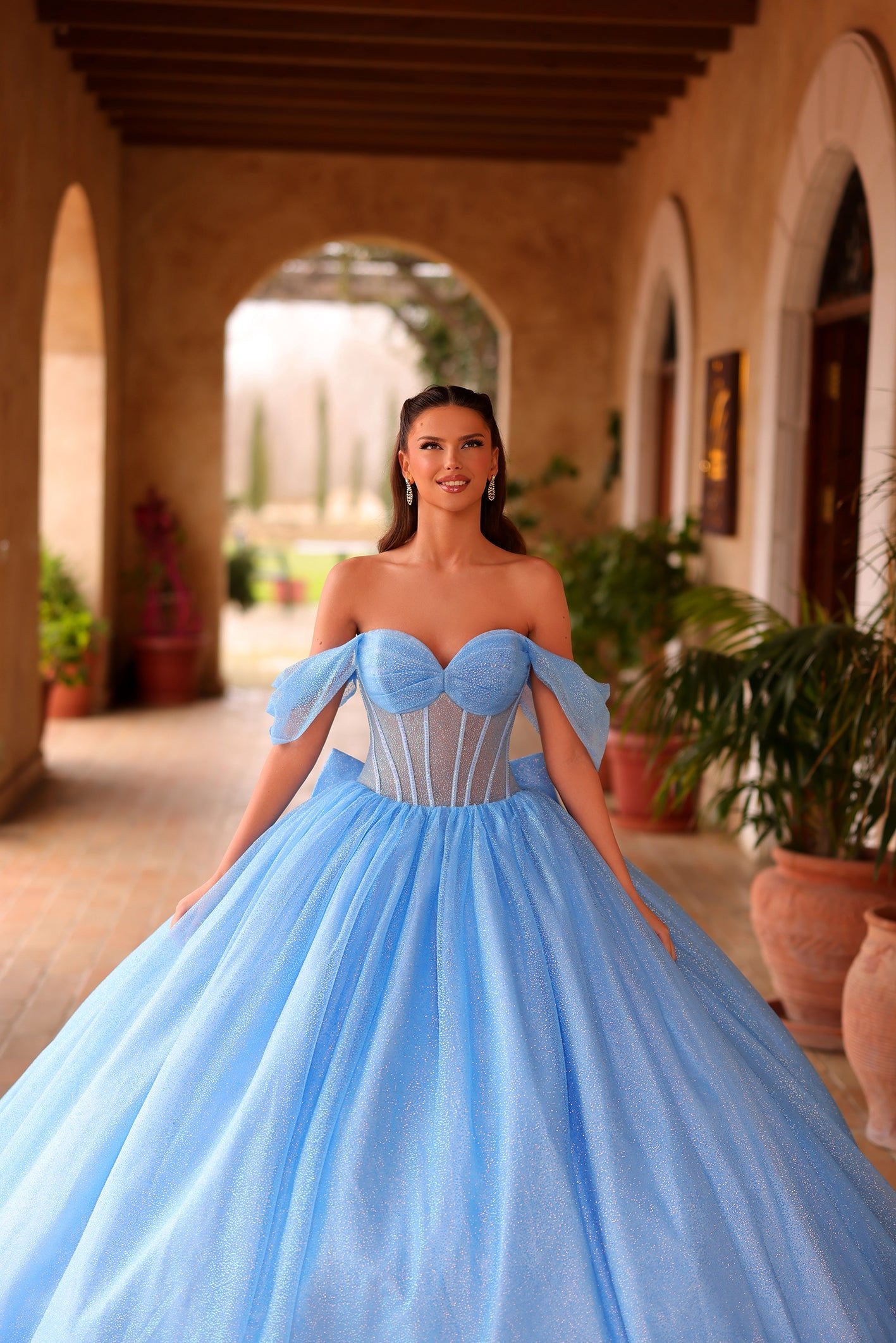 Light Blue Off the Shoulder Floor-Length Tulle Quinceañera Ball Gown with Corset Back Amarra 54107