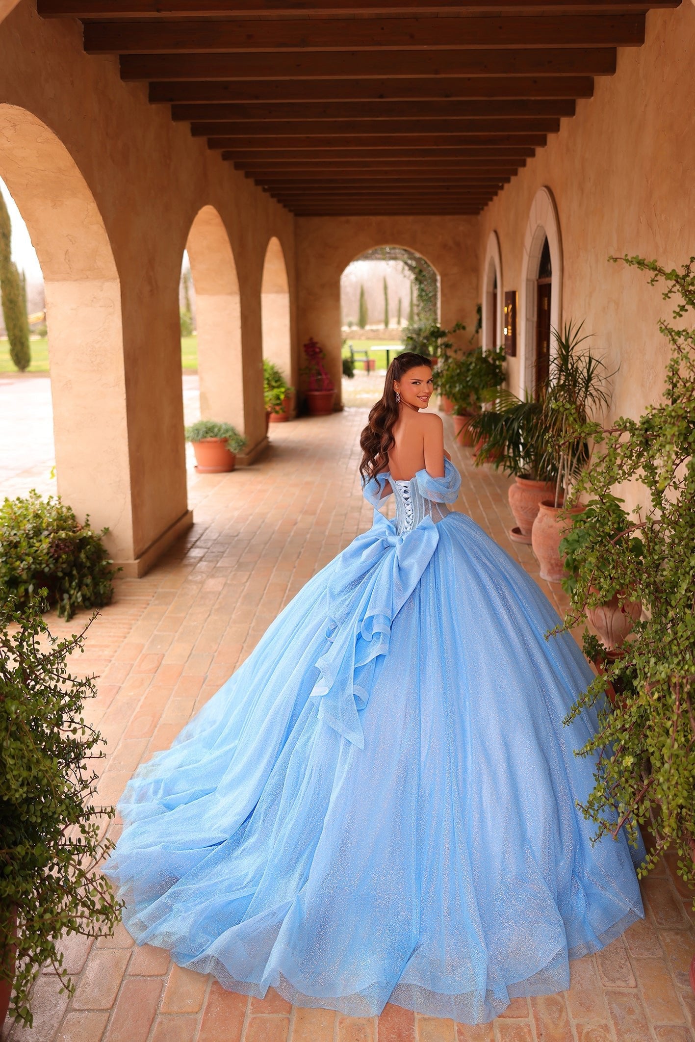 Light Blue Off the Shoulder Floor-Length Tulle Quinceañera Ball Gown with Corset Back Amarra 54107