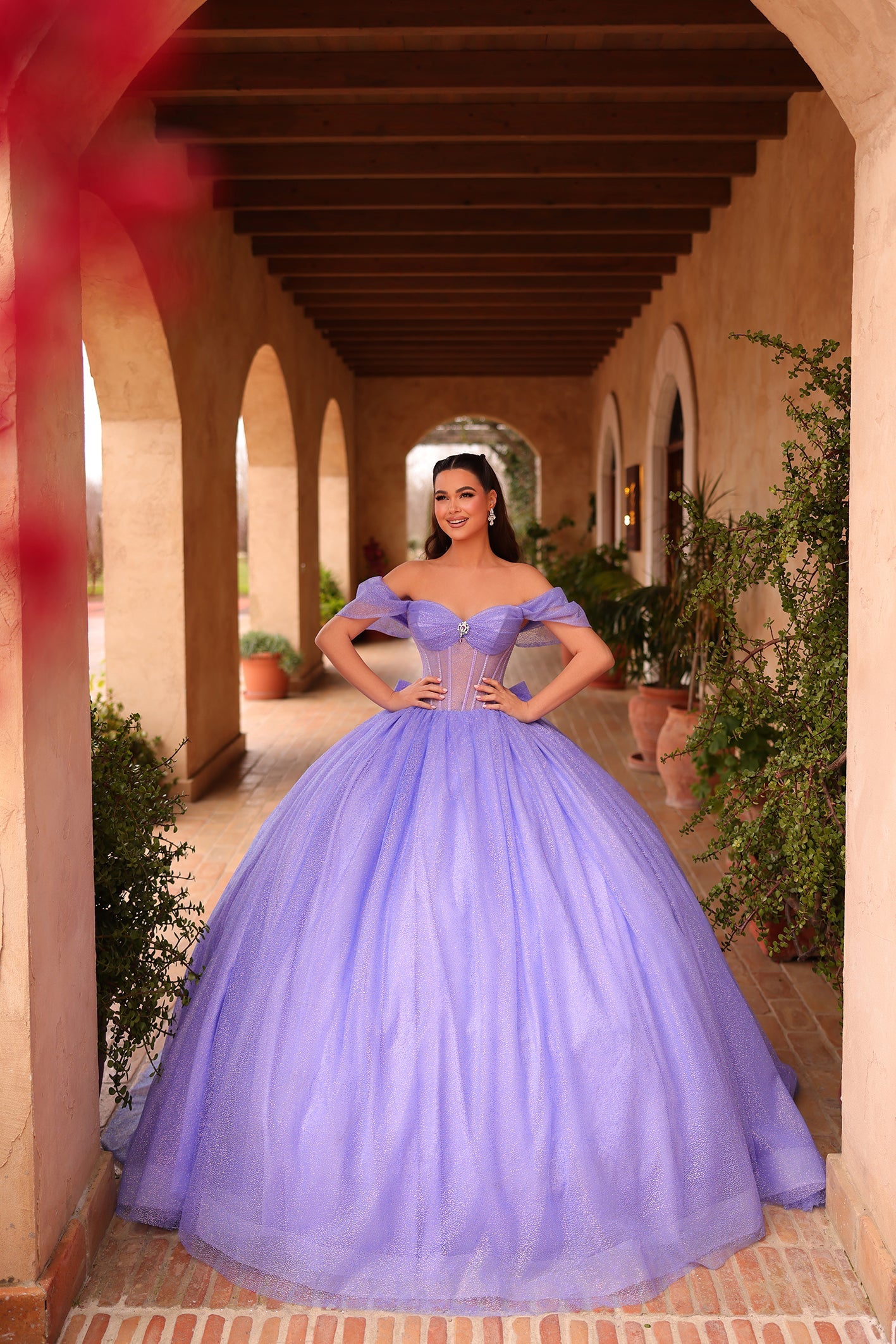 Lilac Off the Shoulder Floor-Length Tulle Quinceañera Ball Gown with Corset Back Amarra 54107