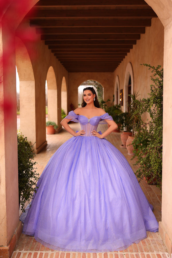 Off the Shoulder Floor-Length Tulle Quinceañera Ball Gown with Corset Back Amarra 54107