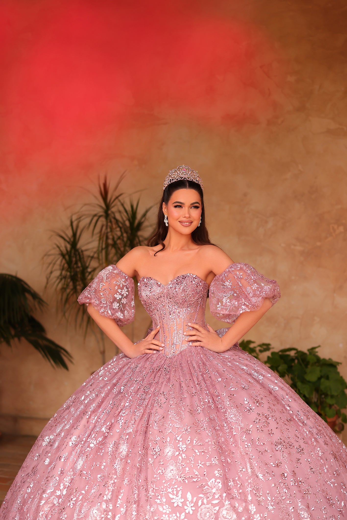 Dusty Rose Sweetheart Floor-Length Lace Quinceañera Ball Gown with Puff Sleeves Amarra 54109