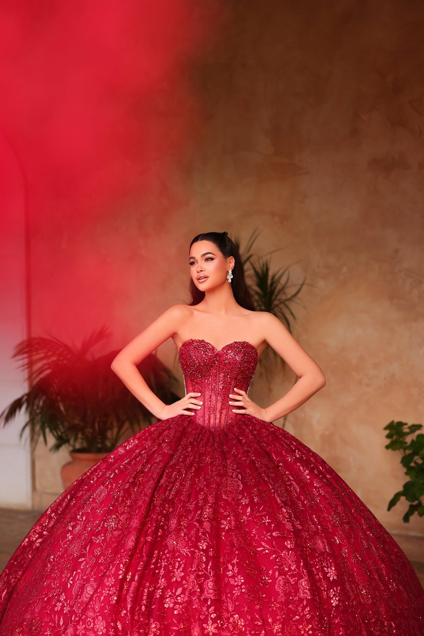 Wine Sweetheart Floor-Length Lace Quinceañera Ball Gown with Puff Sleeves Amarra 54109