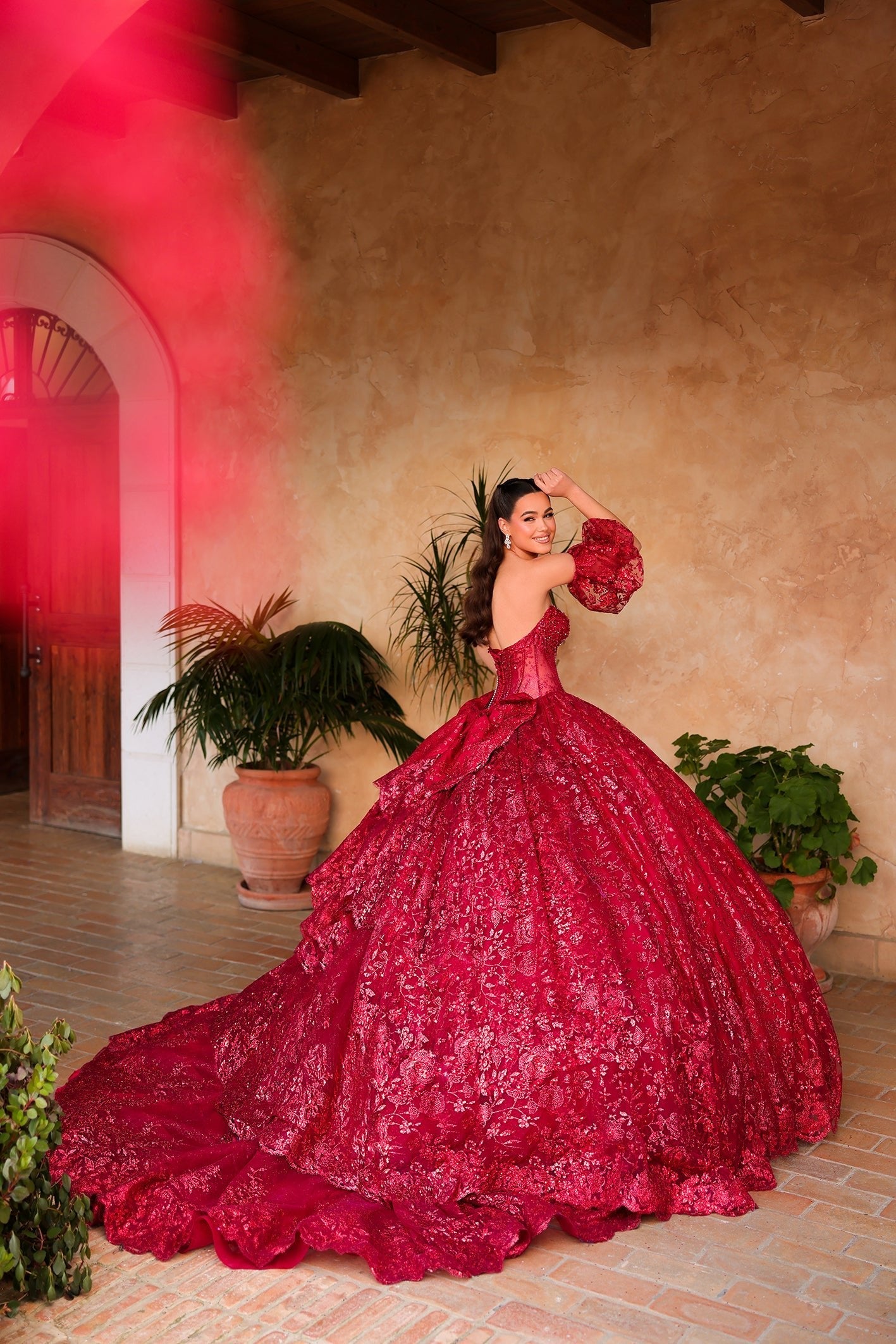 Wine Sweetheart Floor-Length Lace Quinceañera Ball Gown with Puff Sleeves Amarra 54109