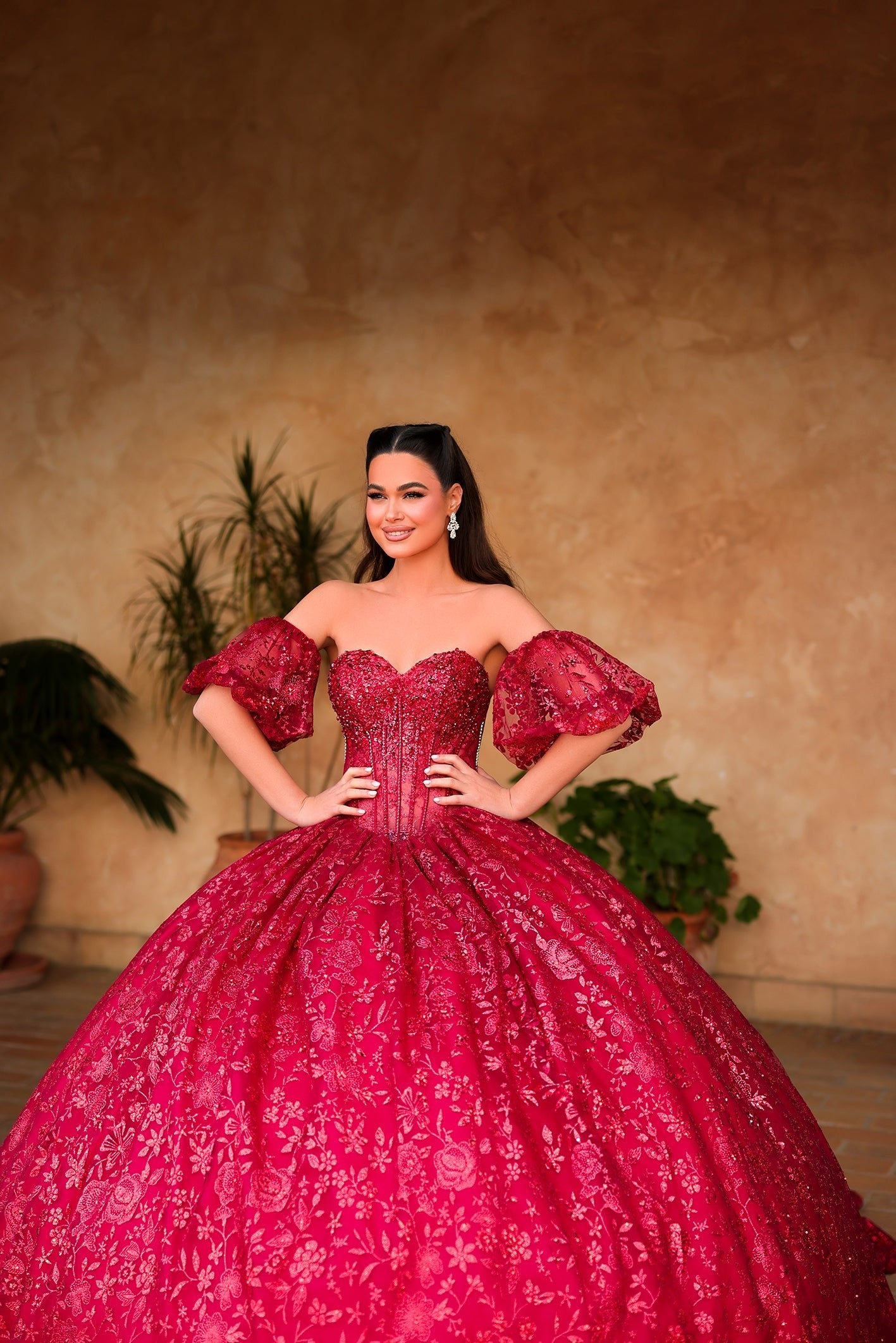 Wine Sweetheart Floor-Length Lace Quinceañera Ball Gown with Puff Sleeves Amarra 54109