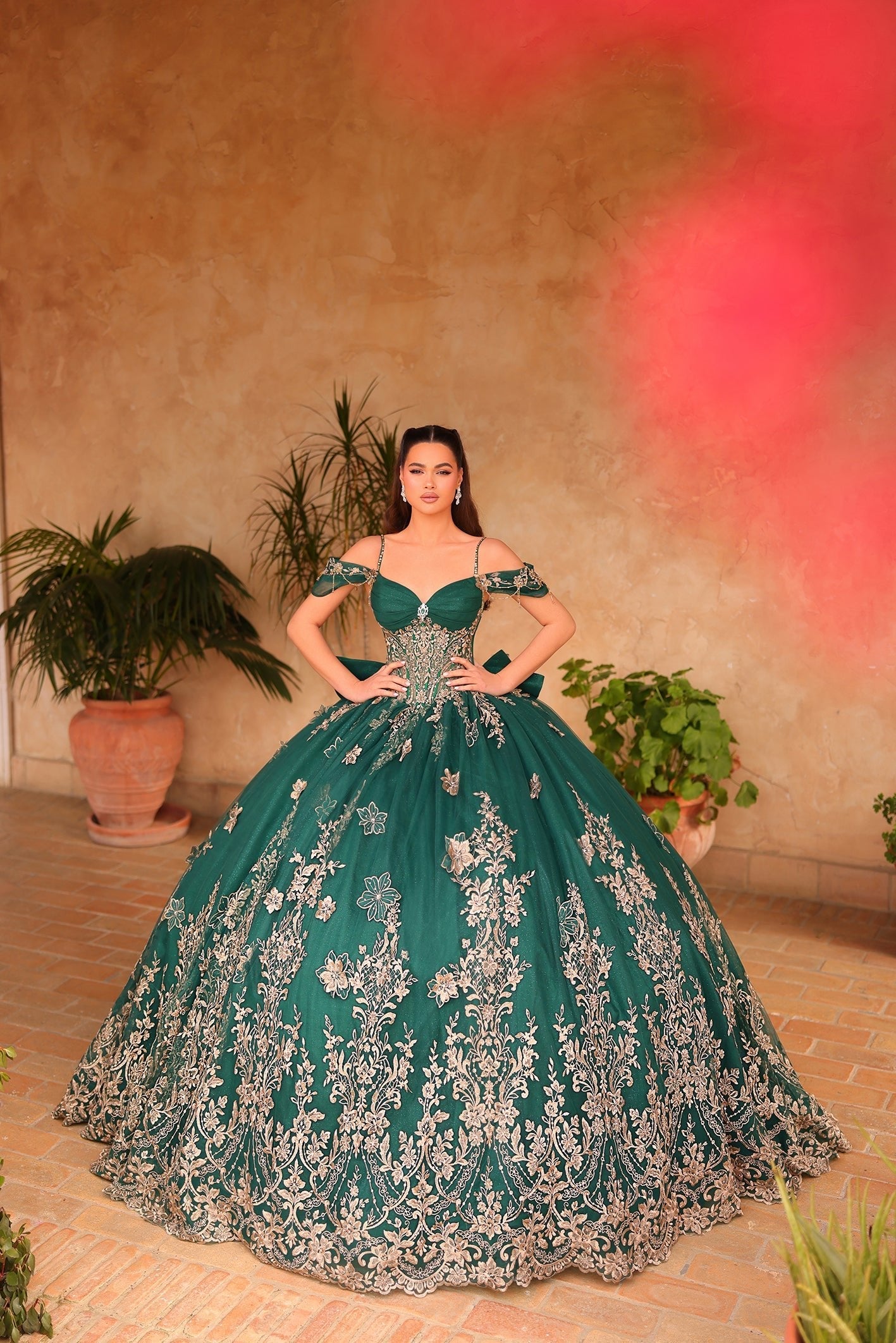 Emerald Sweetheart Floor-Length Tulle Quinceañera Ball Gown with Floral Appliqué Embroidery Amarra 54111