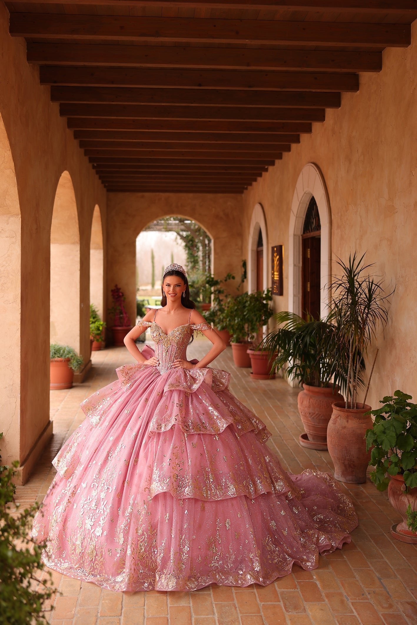 Dusty Rose Off-the-Shoulder Floor-Length Tulle Quinceañera Ball Gown with Tiered Glitter Embroidery Amarra 54113