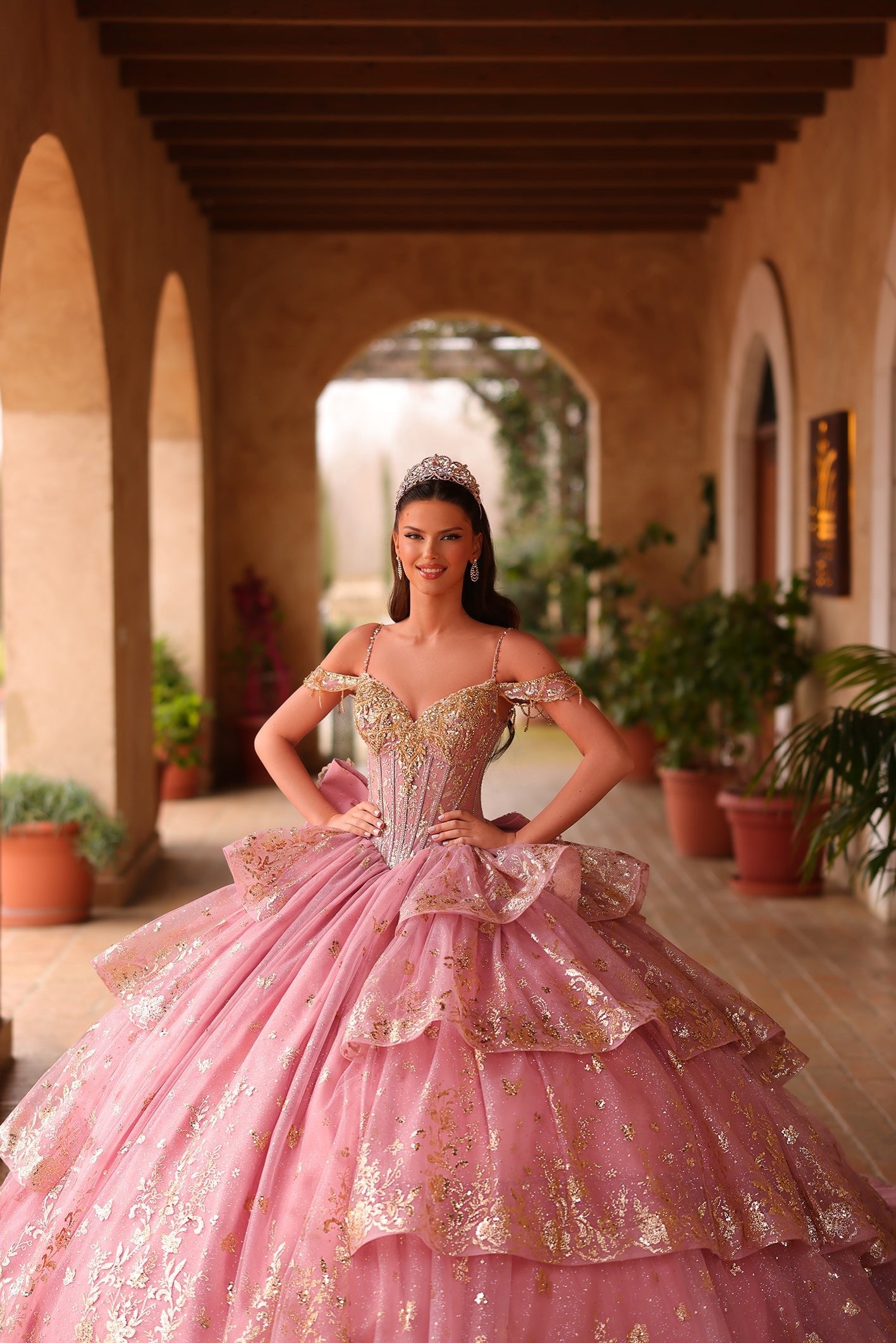 Dusty Rose Off-the-Shoulder Floor-Length Tulle Quinceañera Ball Gown with Tiered Glitter Embroidery Amarra 54113