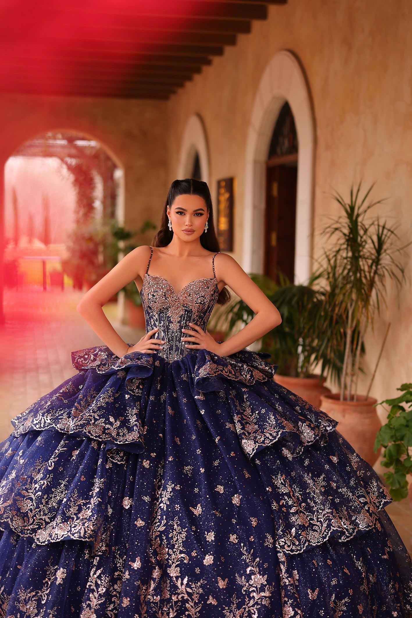 Navy Off-the-Shoulder Floor-Length Tulle Quinceañera Ball Gown with Tiered Glitter Embroidery Amarra 54113