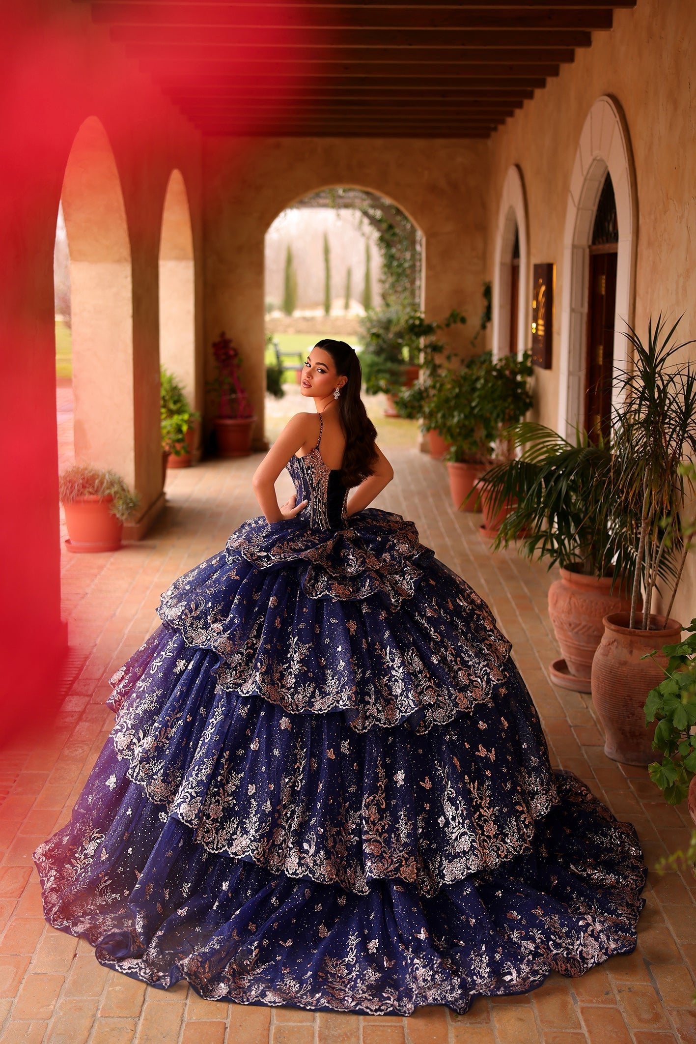 Navy Off-the-Shoulder Floor-Length Tulle Quinceañera Ball Gown with Tiered Glitter Embroidery Amarra 54113
