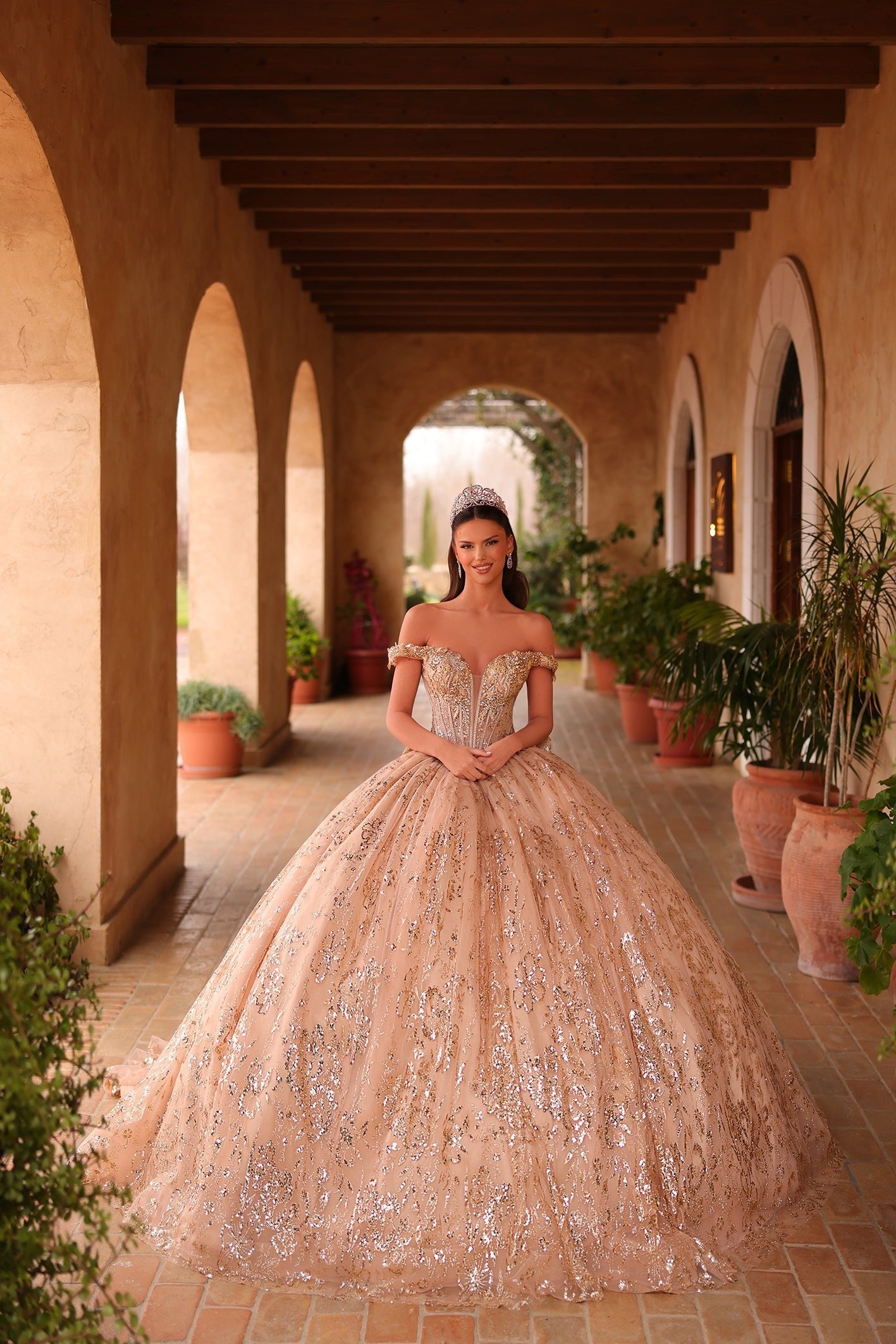 Gold Off-the-Shoulder Floor-Length Tulle Quinceañera Ball Gown with Glitter Embroidery Amarra 54117