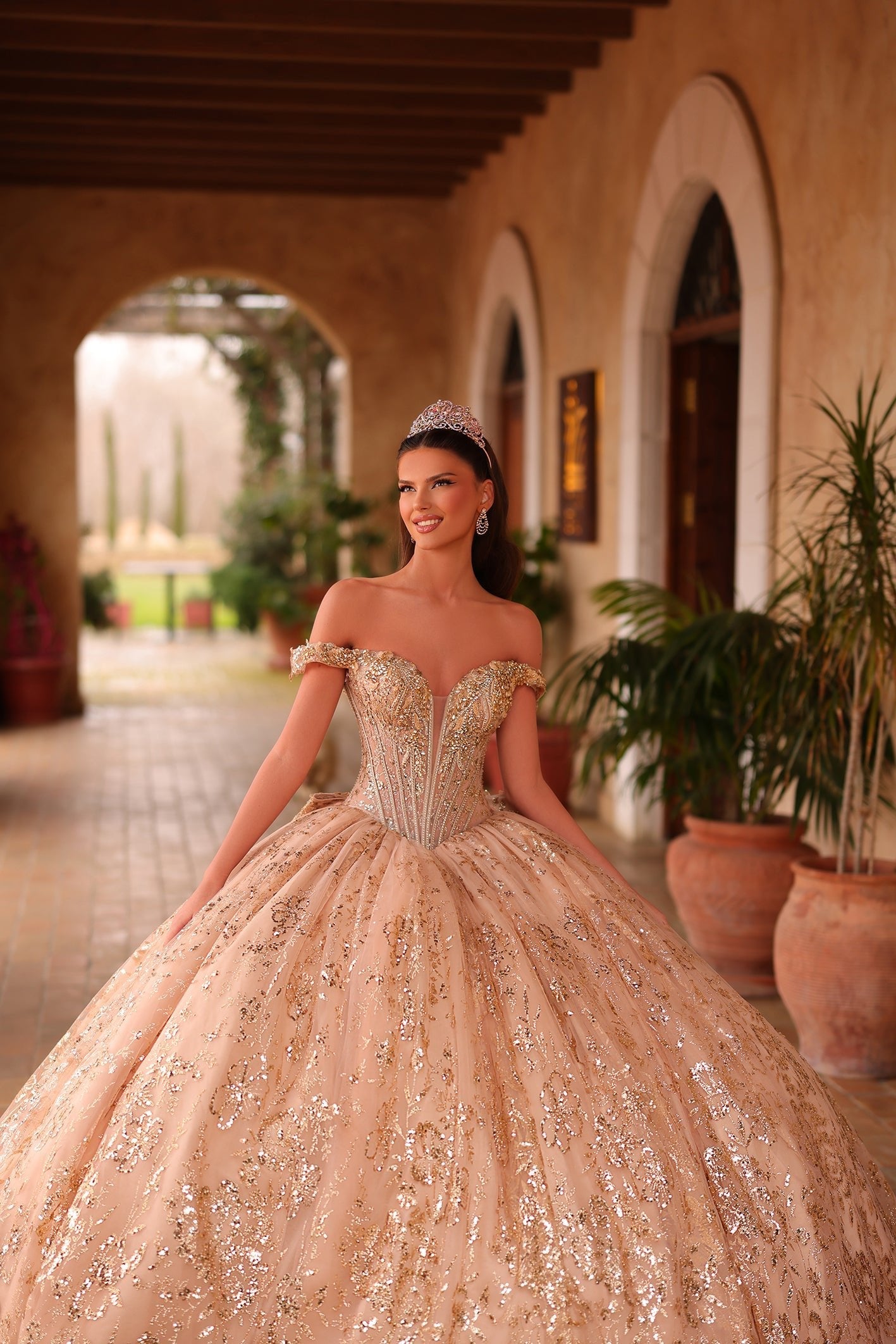 Gold Off-the-Shoulder Floor-Length Tulle Quinceañera Ball Gown with Glitter Embroidery Amarra 54117