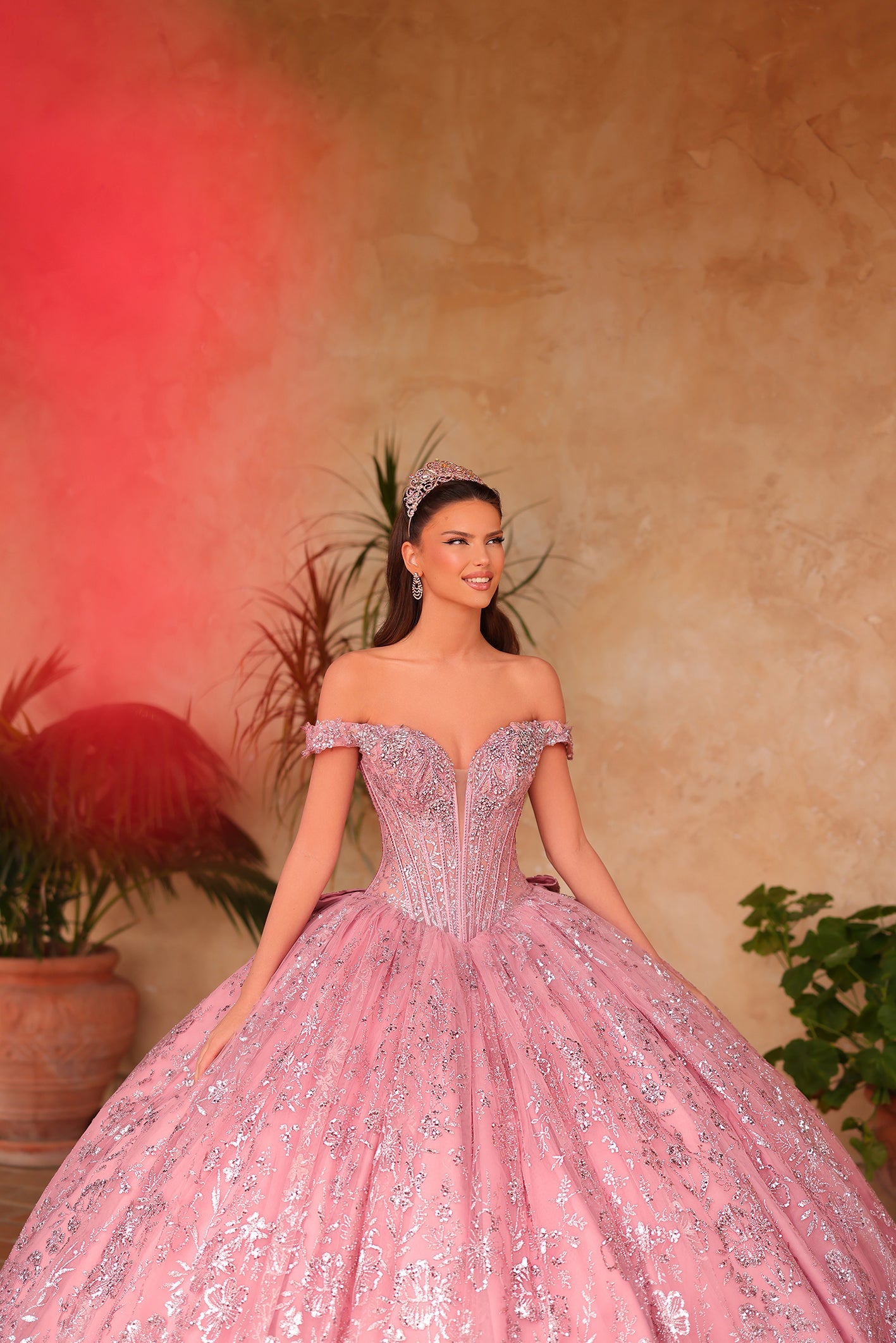Rose Gold Off-the-Shoulder Floor-Length Tulle Quinceañera Ball Gown with Glitter Embroidery Amarra 54117