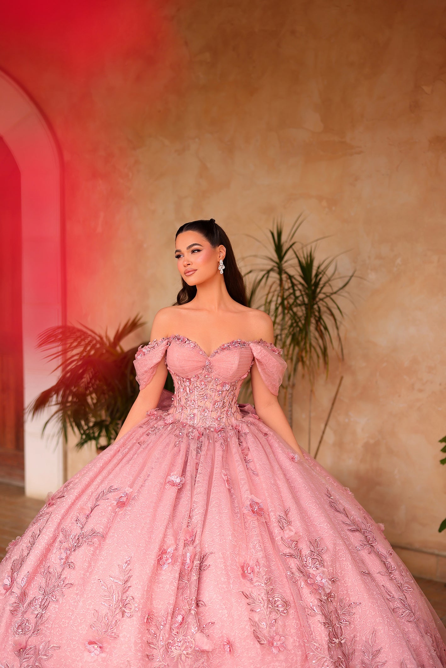 Dusty Rose Off-the-Shoulder Floor-Length Tulle Quinceañera Ball Gown with Floral Appliqué Amarra 54119