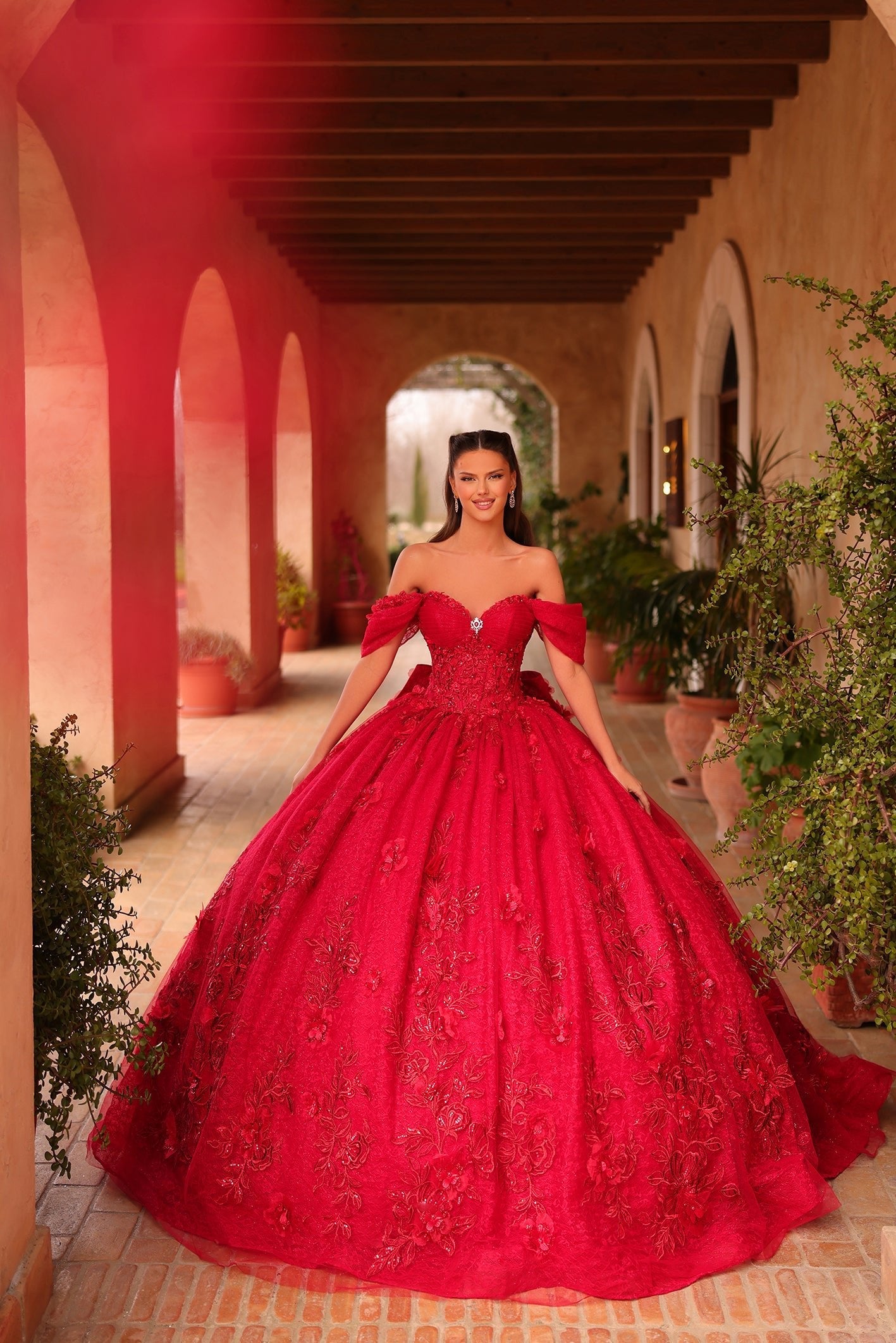 Red Off-the-Shoulder Floor-Length Tulle Quinceañera Ball Gown with Floral Appliqué Amarra 54119
