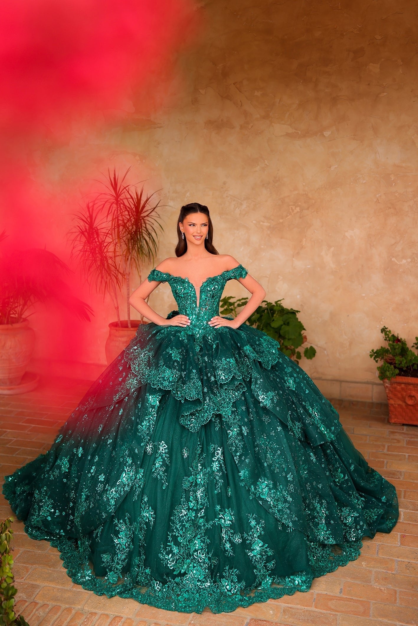 Emerald Off-the-Shoulder Floor-Length Tulle Quinceañera Ball Gown with Embroidered Tiered Skirt Amarra 54121