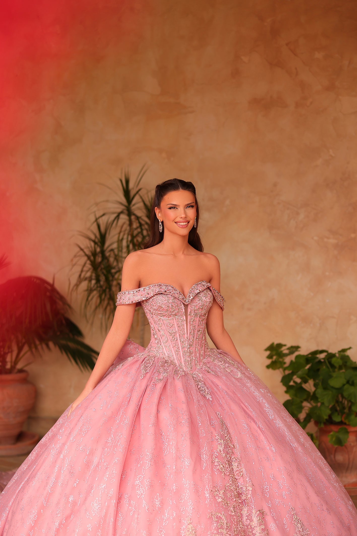 Rose Gold Sweetheart Floor-Length Tulle Quinceañera Ball Gown with Lace Embroidery Amarra 54123