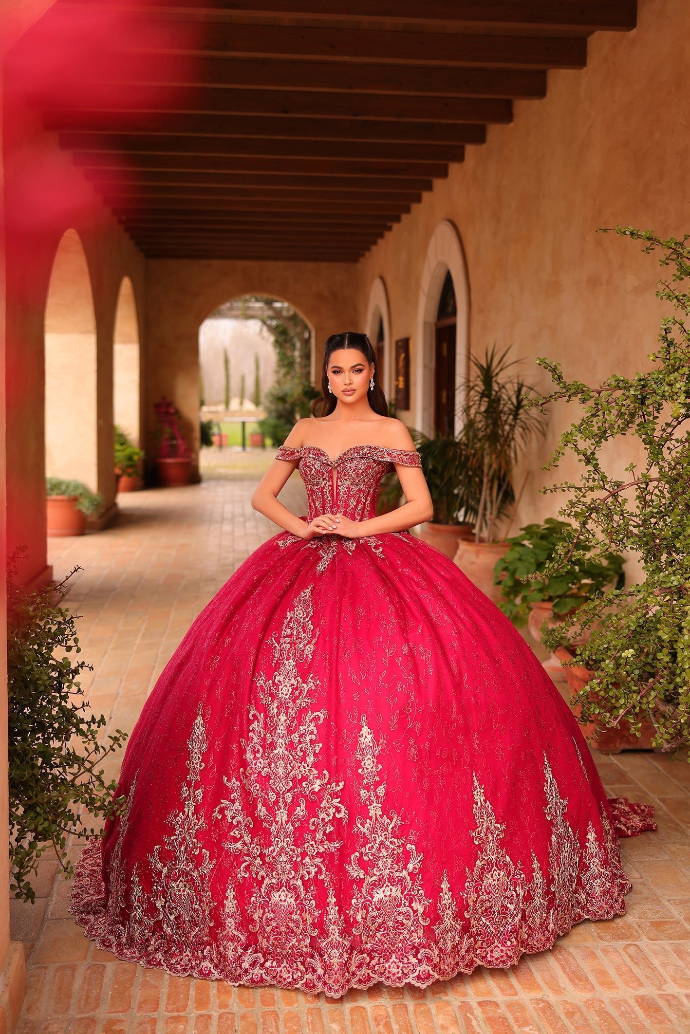 Wine Sweetheart Floor-Length Tulle Quinceañera Ball Gown with Lace Embroidery Amarra 54123